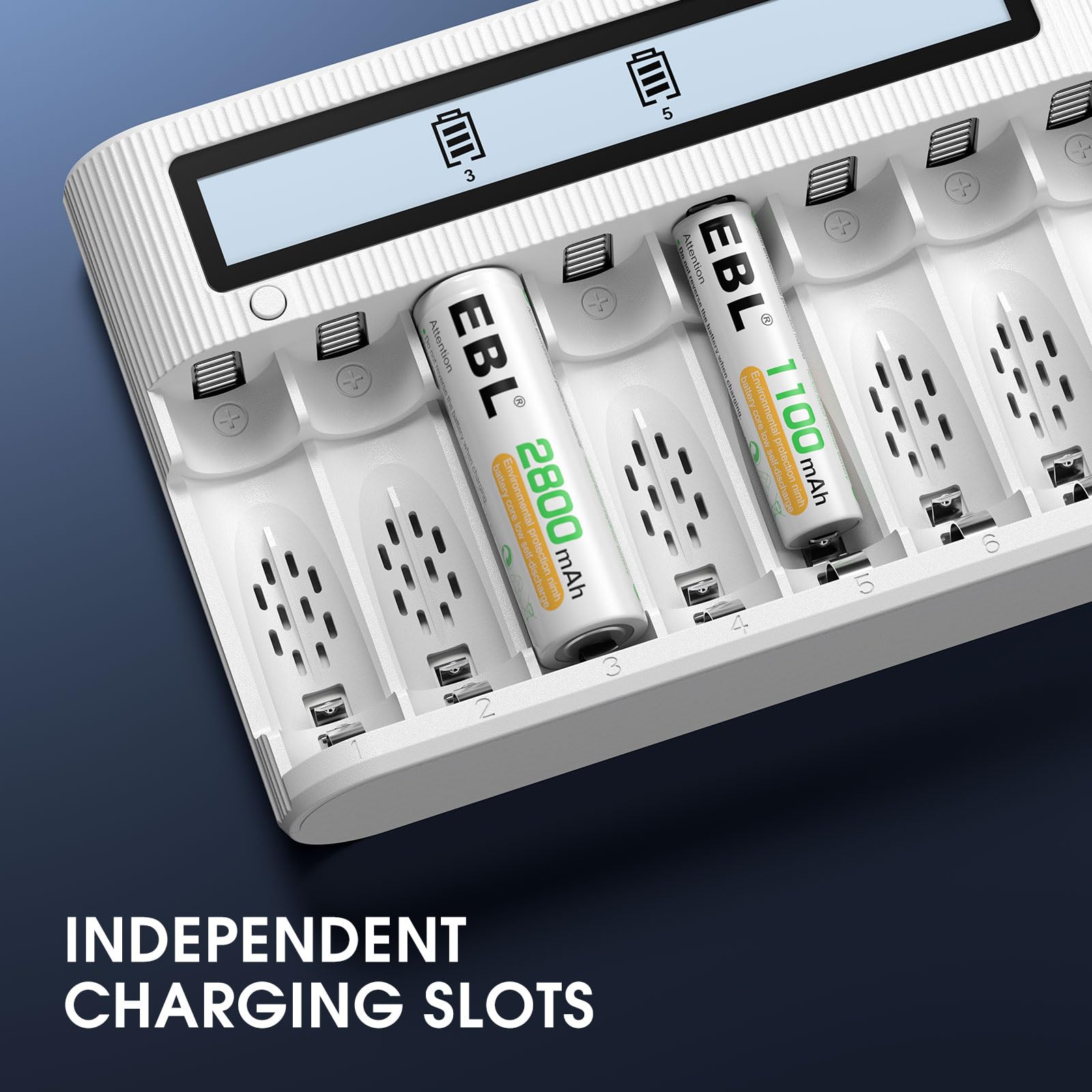 EBL 8-Slot AA AAA Battery Charger with LCD Display - Advanced Discharge Function for NiMH/NiCD Rechargeable Batteries (1.2V) - Micro USB & Type C Input - Perfect for Cameras, Toys, and Home Electronics