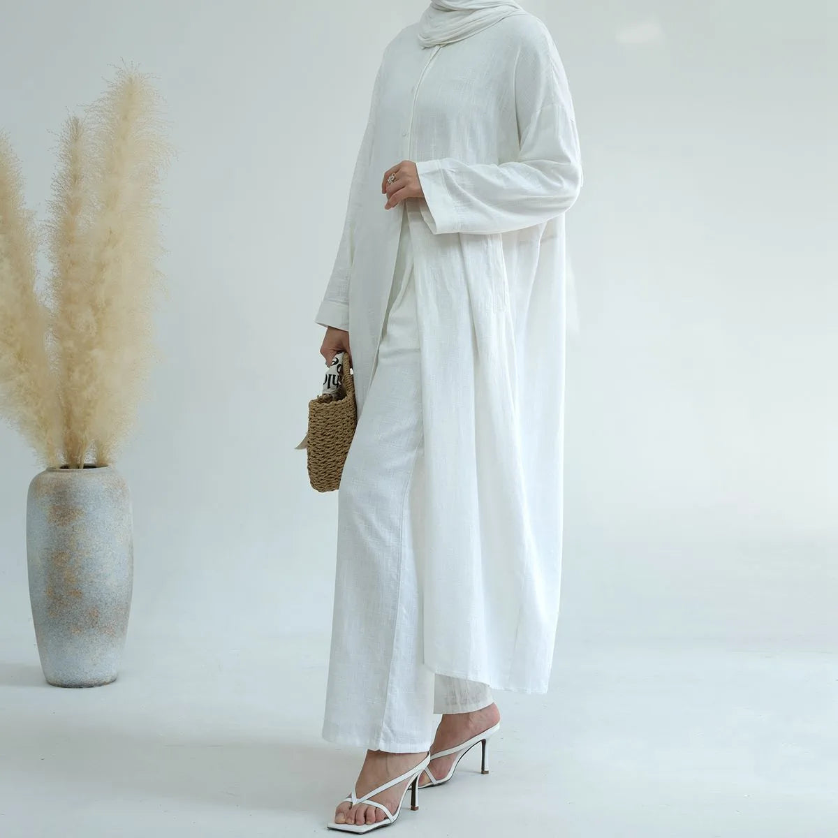2-Piece Linen Cotton Blend Robe and Pants Set for Women - Comfortable Arab Style Lounge Wear - Perfect for Daily Use, Home Relaxation & Prayer Outfits