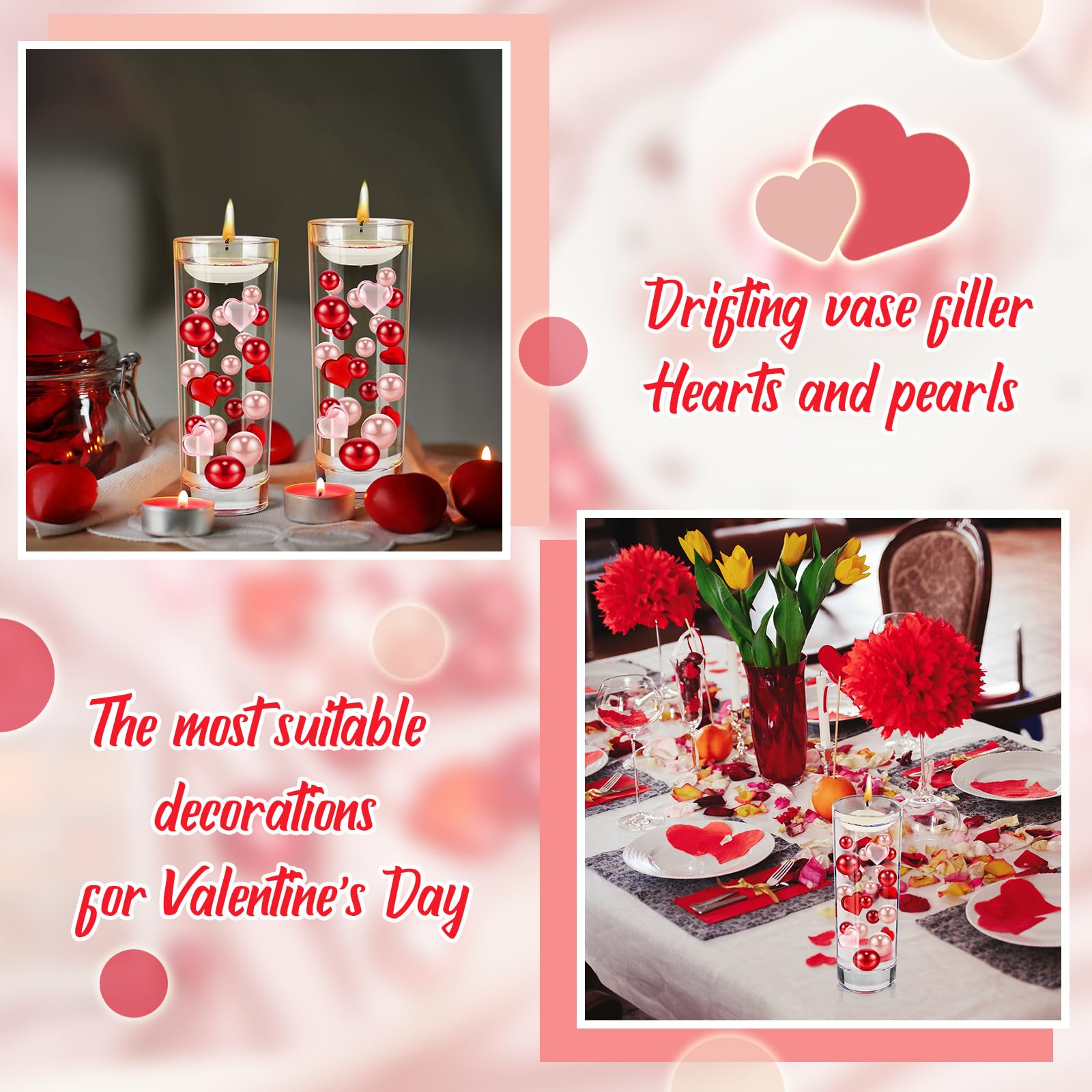 MTLEE 2116 Red Love Pearls Vase Fillers with 10 Floating Candles - Romantic Table Decor for Dating & Home
