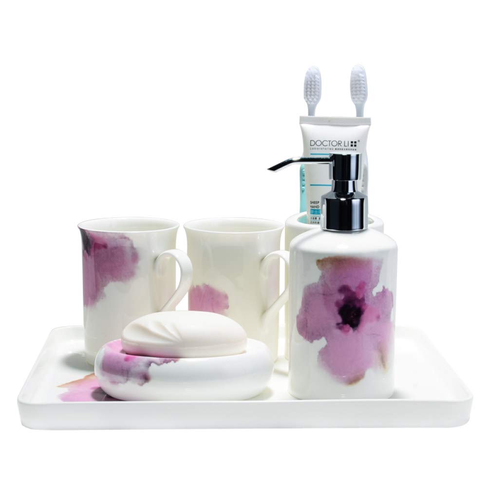 Vintage Ceramic Bathroom Accessories Set - 6 Piece Purple Floral Vanity Decor with Soap Dispenser, Toothbrush Holder, Soap Dish, 2 Cups & Tray | Elegant Home & Hotel Bathroom Decor | Perfect for Spa, Guest Bath & Luxury Bathroom Organization