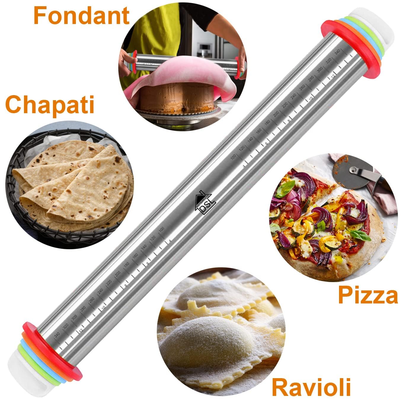 Stainless Steel Rolling Pin for Baking with Thickness Rings, Non-Stick Rolling Mat & Cleaning Brush - 17 Inch Professional Dough Roller for Pizza, Pie, Pastry, Cookies | Perfect for Home Bakers & Commercial Kitchens