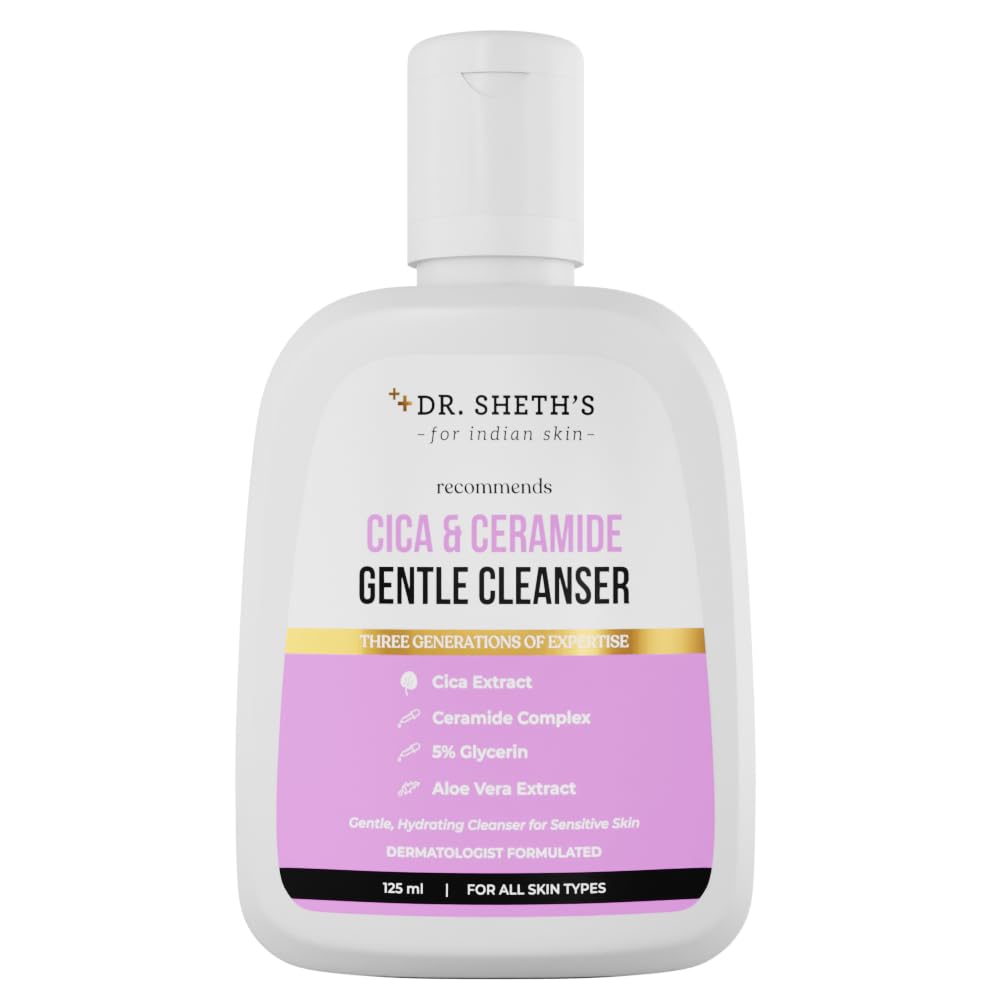 Dr. Sheth's Cica & Ceramide Gentle Cleanser | Hydrating Face Wash for Normal, Dry & Sensitive Skin | 5% Glycerin & Aloe Vera | Fragrance-Free & Soap-Free | Men & Women | 125ml | Perfect for Daily Skincare Routine & Post-Workout Refreshment