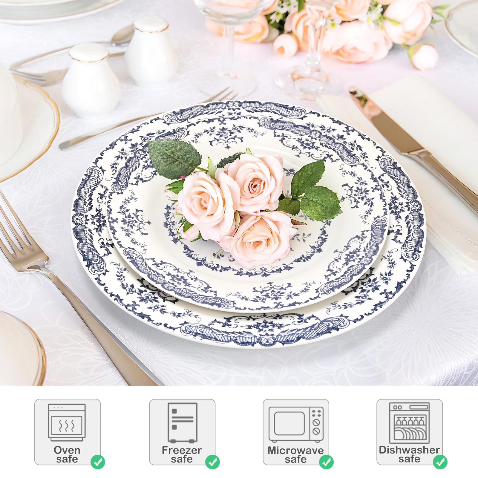 6-Piece White Ceramic Dinner Plates Set - 10.5 Inch Microwave Safe Porcelain Plates with Floral Blue Design for Everyday Dining & Entertaining