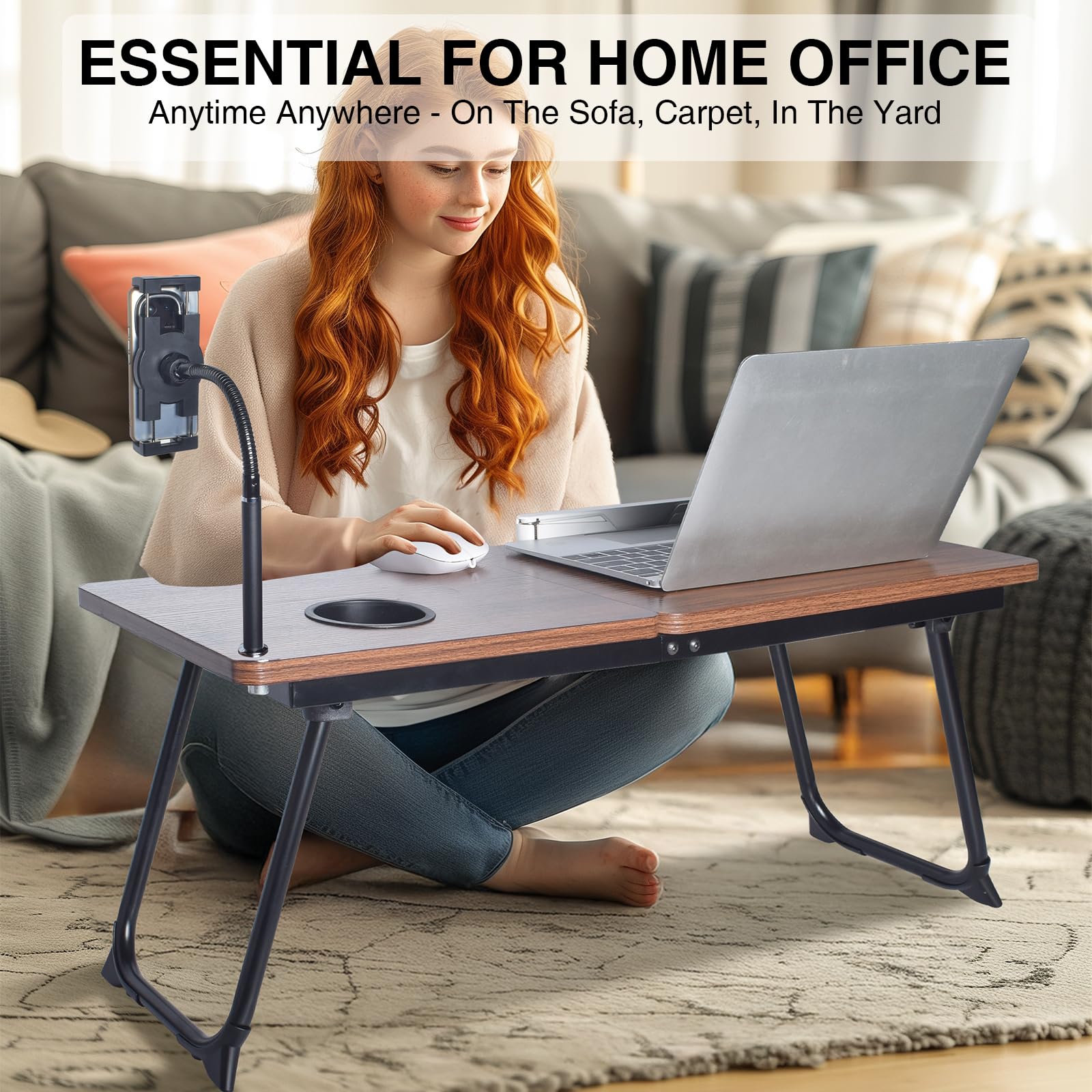 Portable Laptop Desk with Phone Holder & Foldable Legs - Dark Wood Finish Adjustable Standing Desk for Home Office, Bed, Couch & Outdoor Use