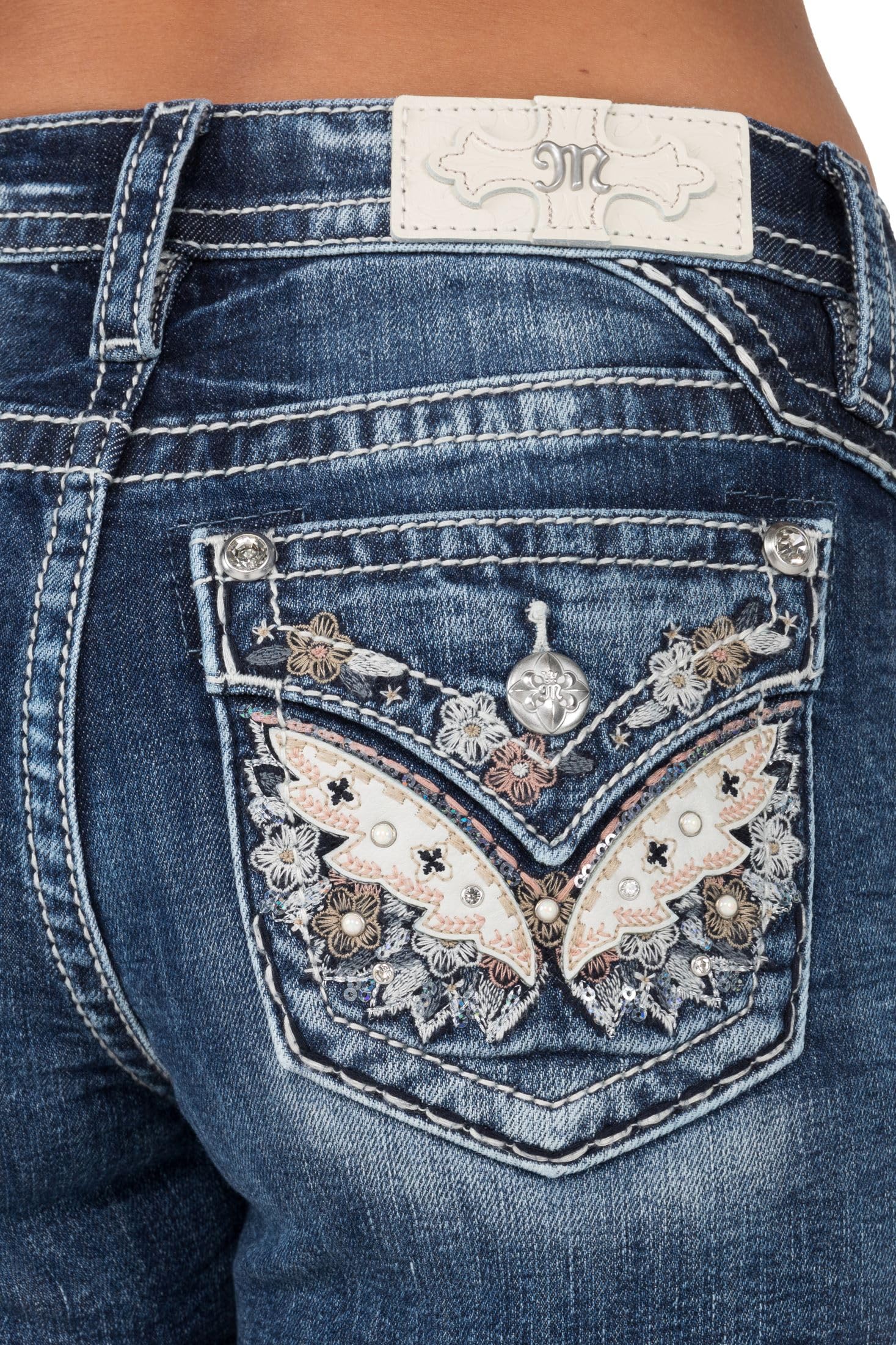 Miss Me Women's Mid-Rise Embellished Blossom Wings Faux Flap Pockets Shorts - Stylish Casual Summer Shorts for Women, Perfect for Beach, Shopping & Outdoor Activities