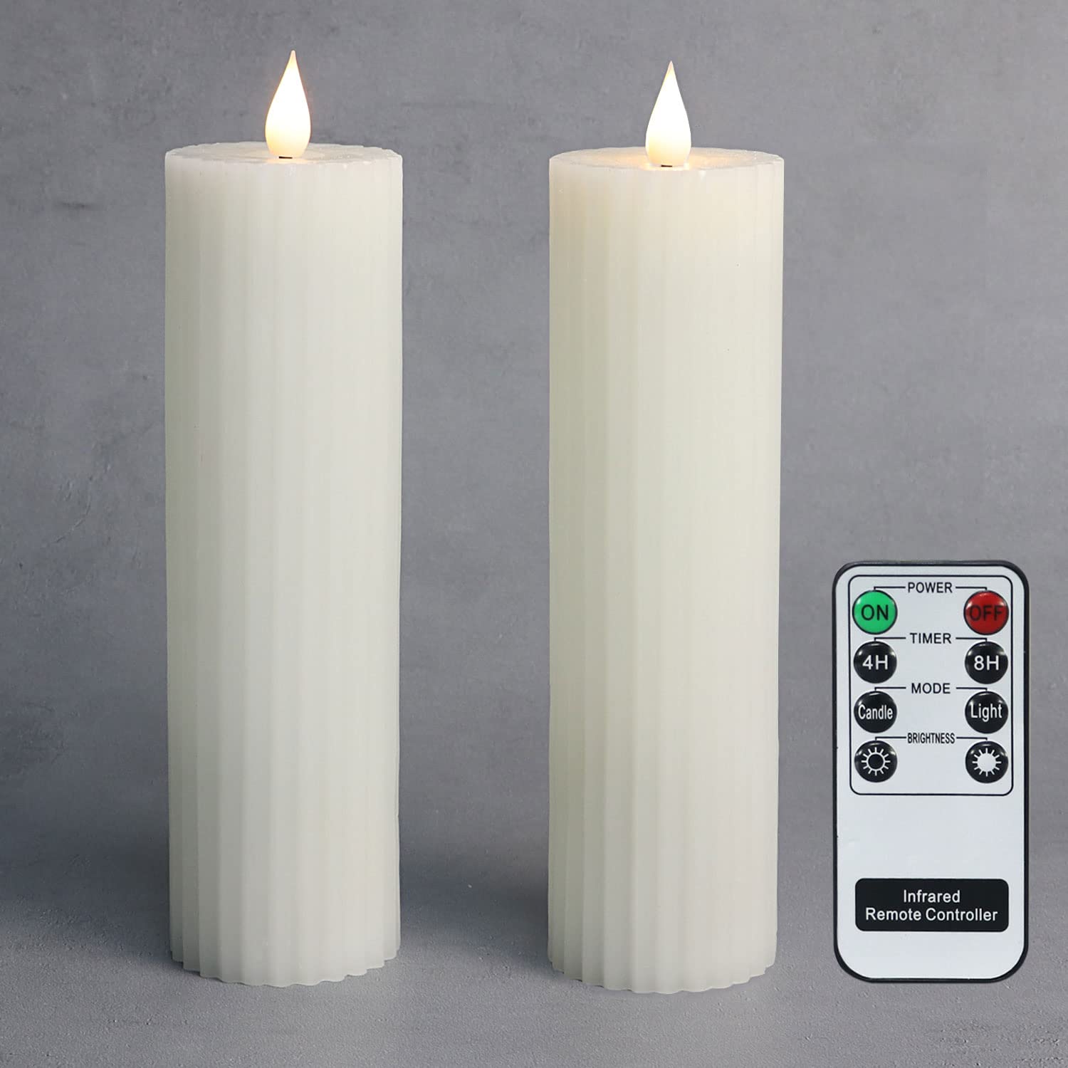 Fanna 8-Inch White Slim Flameless LED Pillar Candles with Remote - Set of 2, Battery Operated Christmas Candles with Stripe Design for Home Decor, Wedding, Party & Holiday Lighting