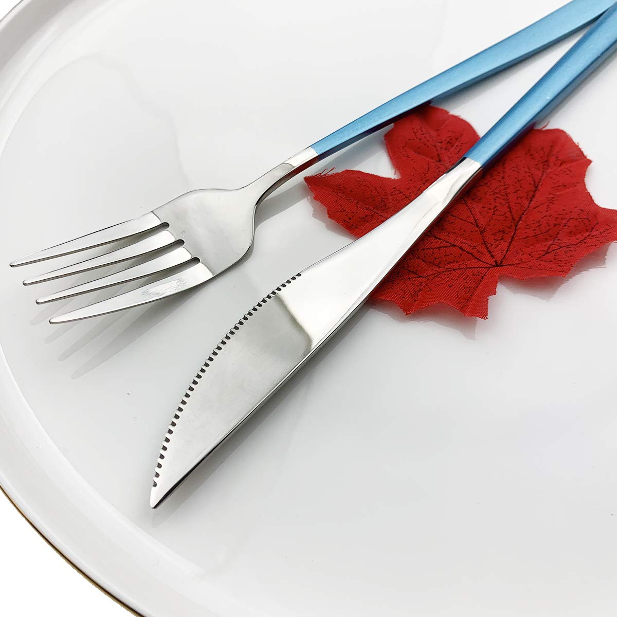 8-Piece Stainless Steel Dinner Forks Set - 304 Mirror Polished, Dishwasher Safe, 8.5 Inch Elegant Blue Handle Cutlery for Formal Dining, Parties & Everyday Use