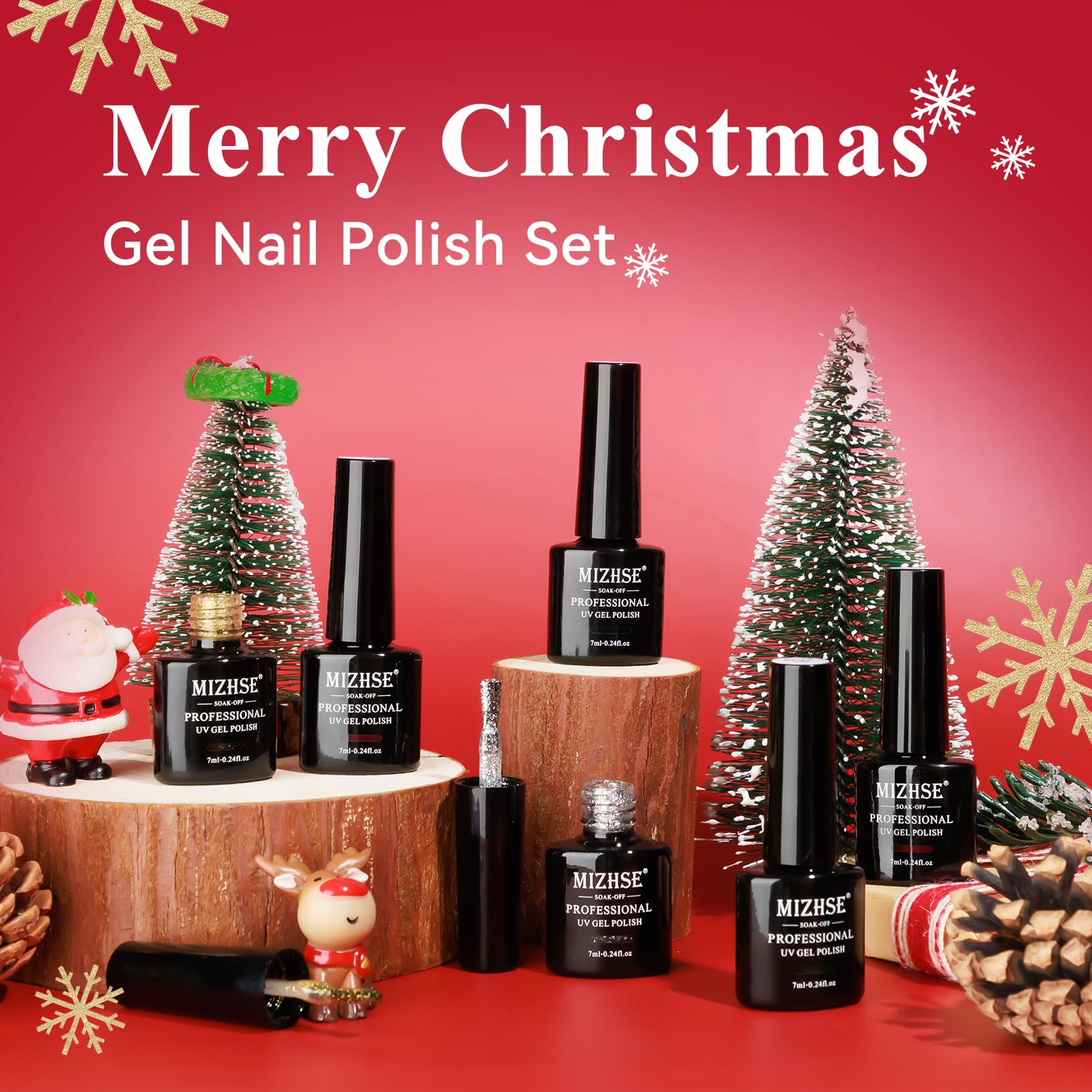 MIZHSE 6 Colors Gel Nail Polish Set - Sparkle Green Glitter, Gold, Silver, Dark Green & Red Soak Off Nail Art Kit | Home Manicure & Party Nails | Perfect Christmas & New Year Gifts for Women