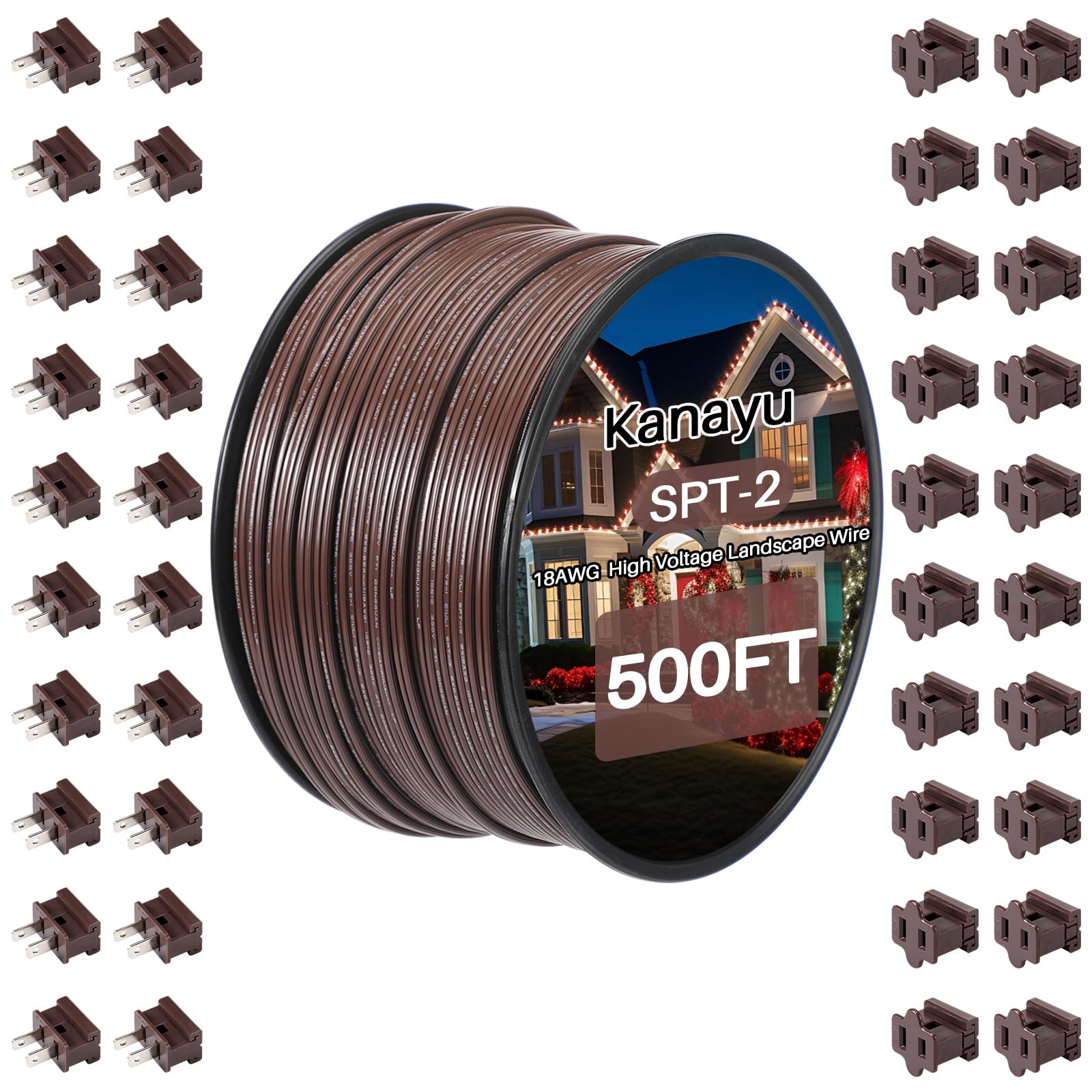 **500 Ft SPT-2 18 AWG High Voltage Outdoor Landscape Wire - 10 Amps, Brown Bulk Spool with 20 Male & Female Plugs for Lights, Lamps, and Garden Lighting**    **Perfect for:** Outdoor landscape lighting, holiday decorations, garden lights, and DIY electrical projects.
