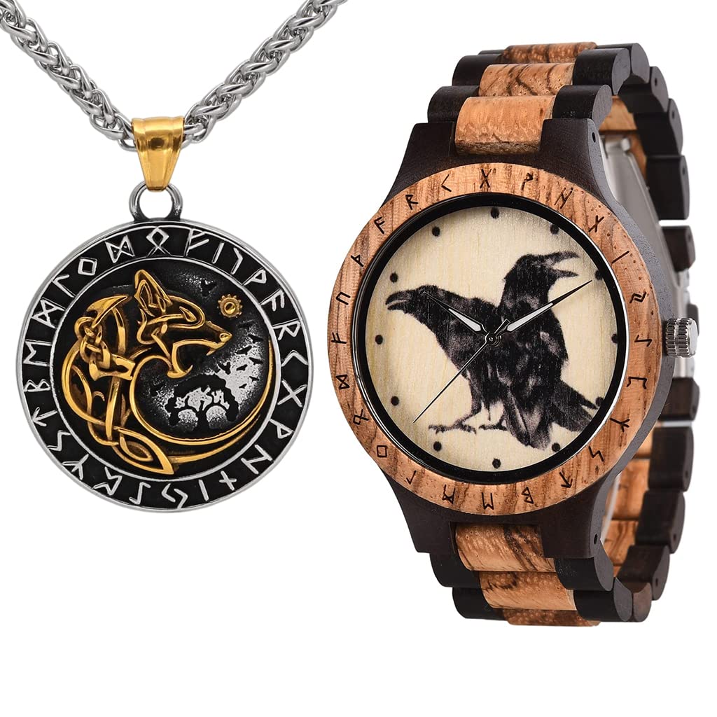 Nordic Viking Handmade Wooden Watch & Stainless Steel Necklace Set - Hugin and Munin Odin's Ravens Jewelry for Men and Women | Viking Gift for Birthday, Anniversary | Perfect for Cosplay, LARP & Norse Mythology Enthusiasts