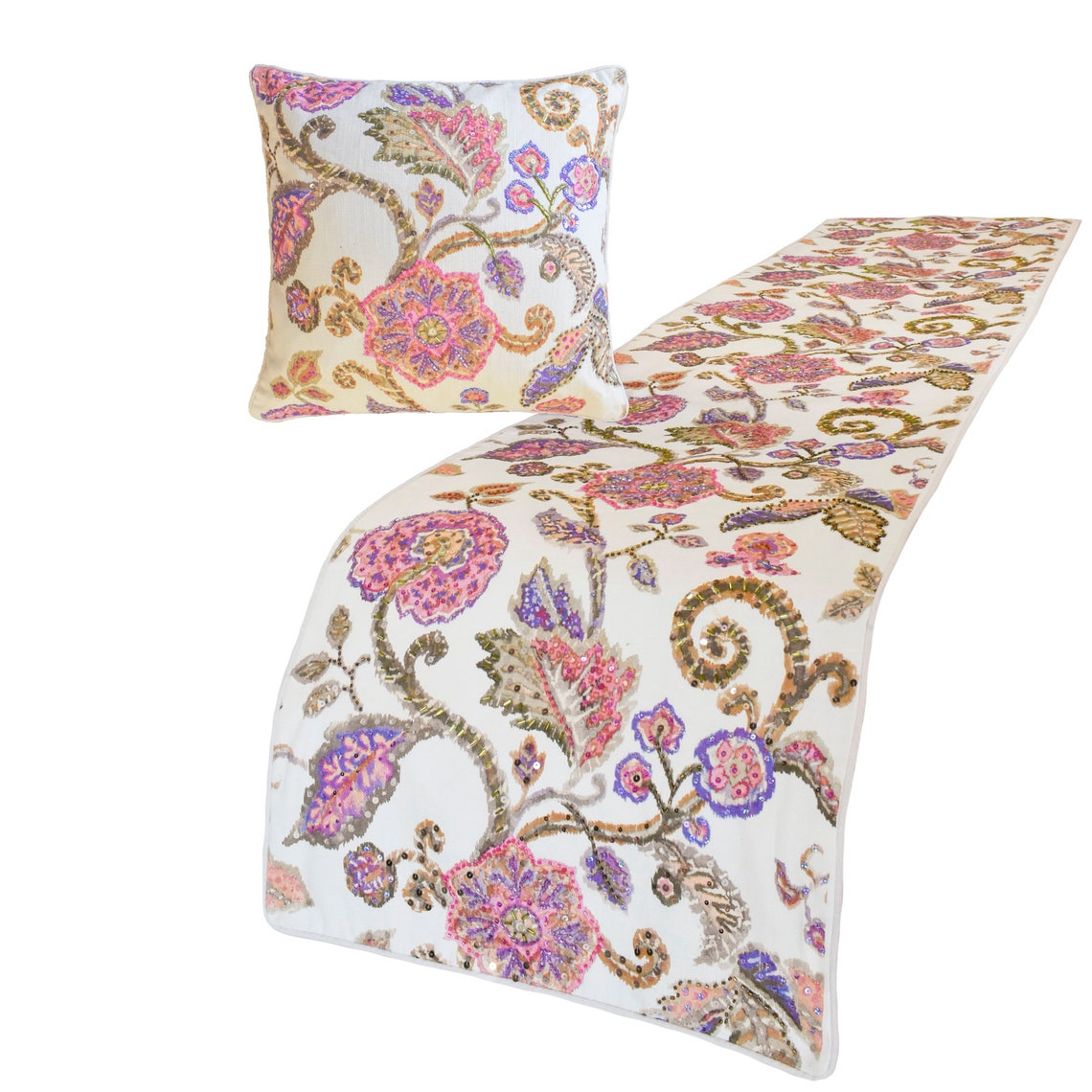 Elegant Cotton White & Pink Bed Runner and Pillow Cover Set - Perfect for Master Bedroom Decor, Wedding Accents & Boho Home Styling