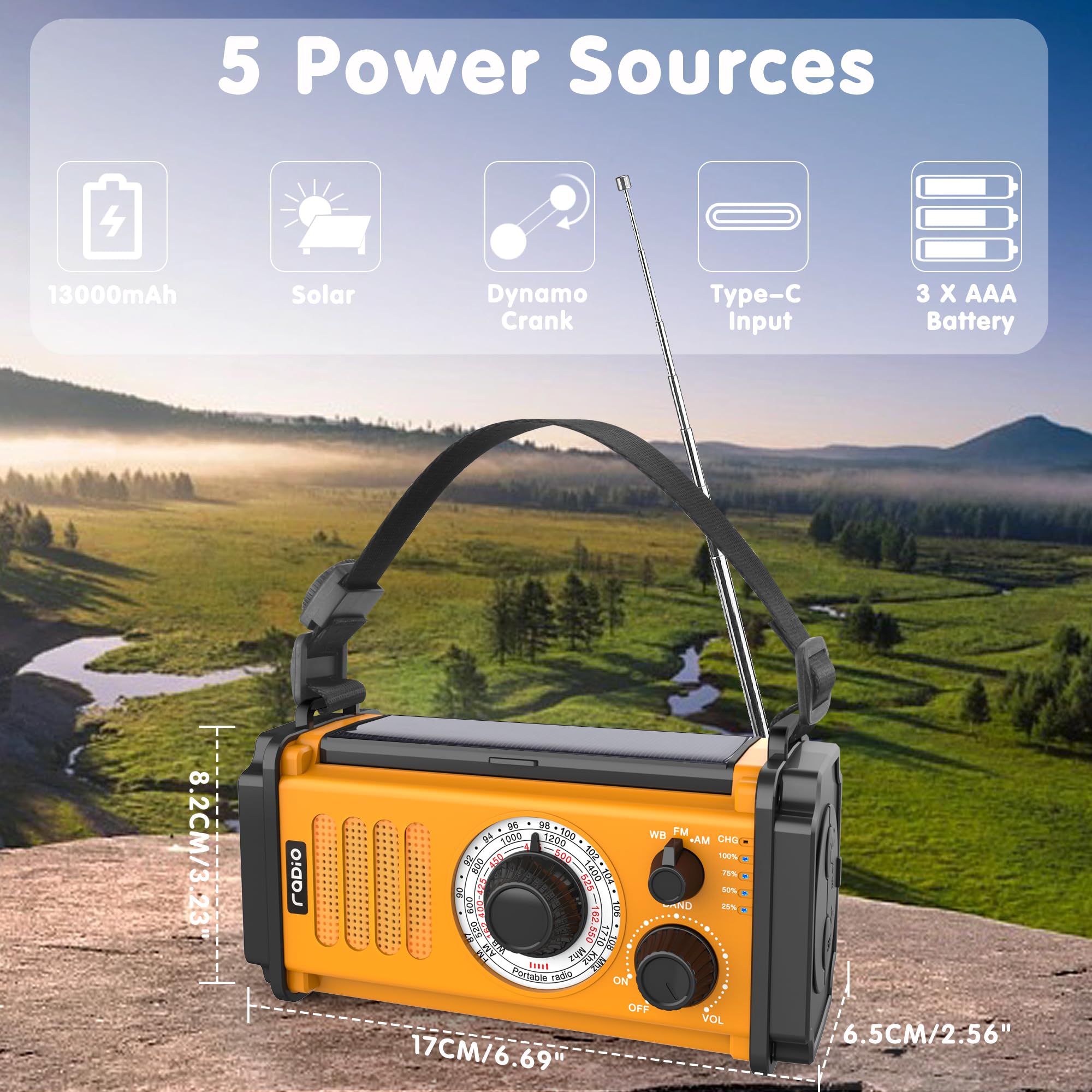 13000mAh Solar Emergency Weather Radio - NOAA/AM/FM Portable Survival Radio with Hand Crank, USB Phone Charger, Flashlight & Reading Lamp - Perfect for Hurricane, Camping, Hiking and Power Outages