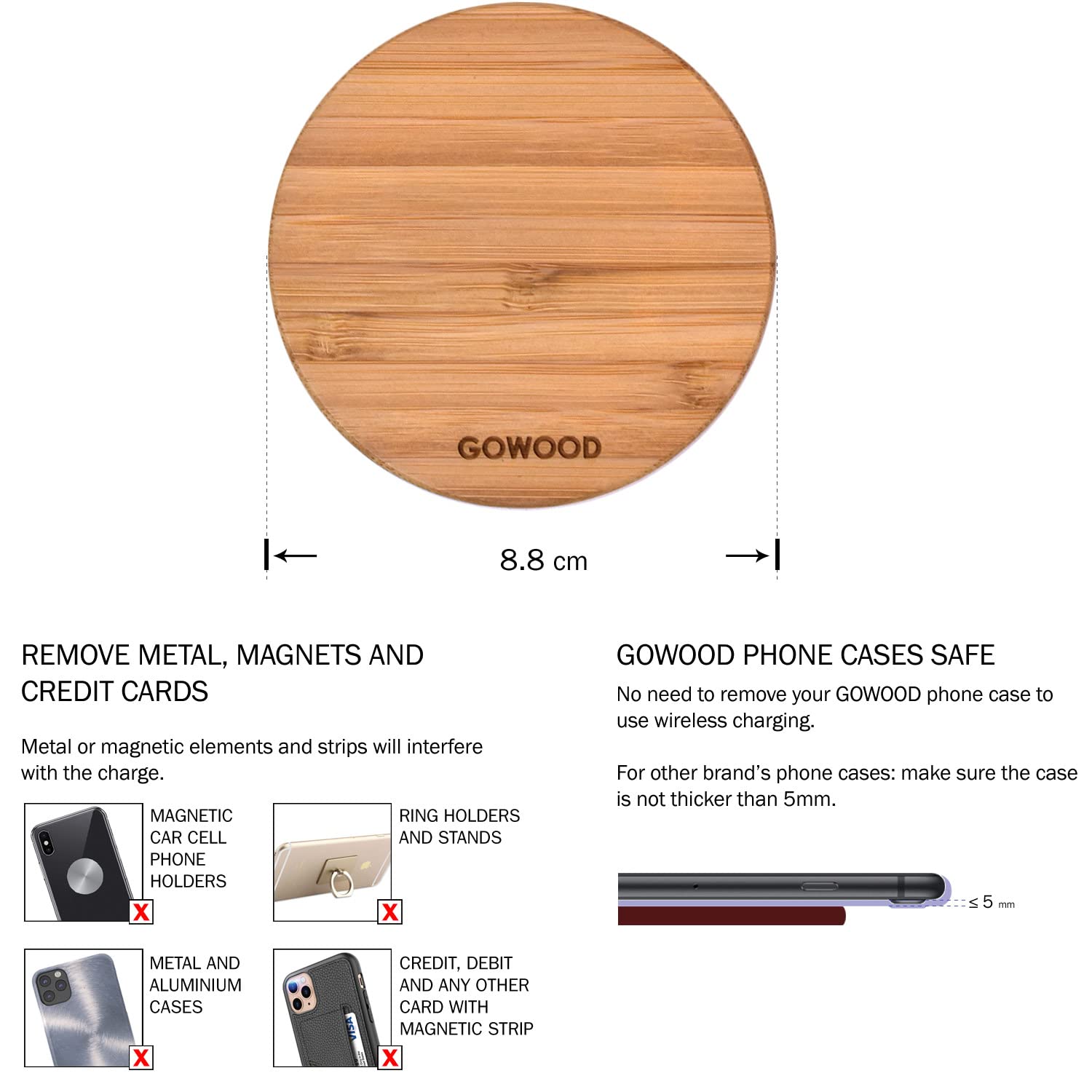 GOWOOD 15W Fast Wireless Charger - Bamboo Wood Stand with 2m Durable USB-C Cable & LED Indicator - Qi-Certified for iPhone 15/14/13, Samsung Galaxy S23/S22 - Perfect for Bedside, Office & Car Charging