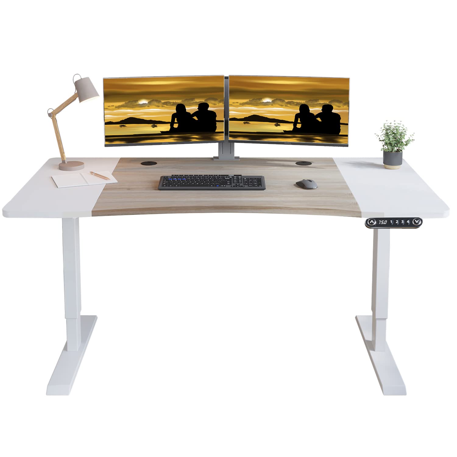 Dual Motor Electric Standing Desk - 63 x 30 Inch Adjustable Height Sit Stand Computer Desk with Splice Board, White Frame/Oak & White Top (Radian) - Perfect for Home Office, Gaming & Workspace Ergonomics