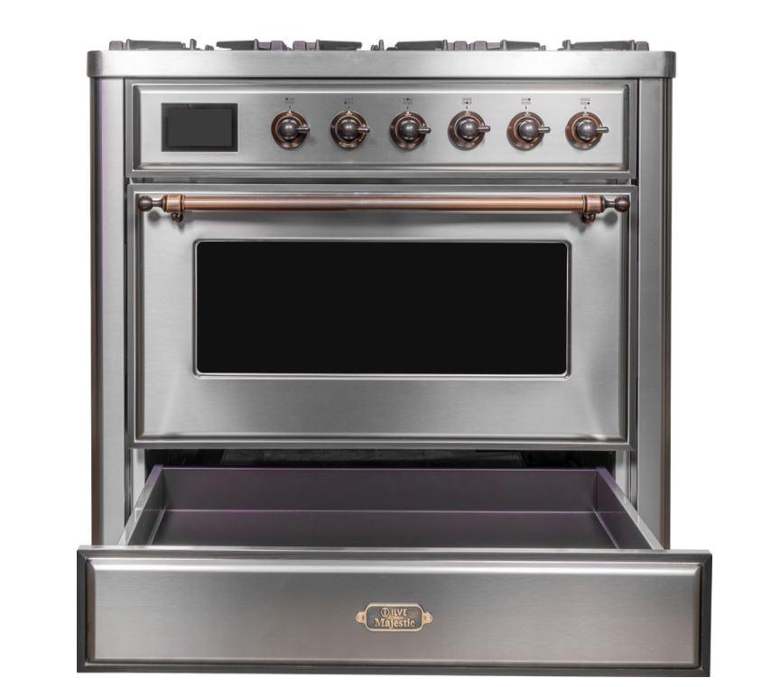 ILVE 36 Inch Majestic II Series Dual Fuel Natural Gas Range - 6 Burners with Griddle, 3.5 cu.ft Oven Capacity, TFT Display (UM09FDNS3) - Perfect for Home Kitchens & Professional Chefs