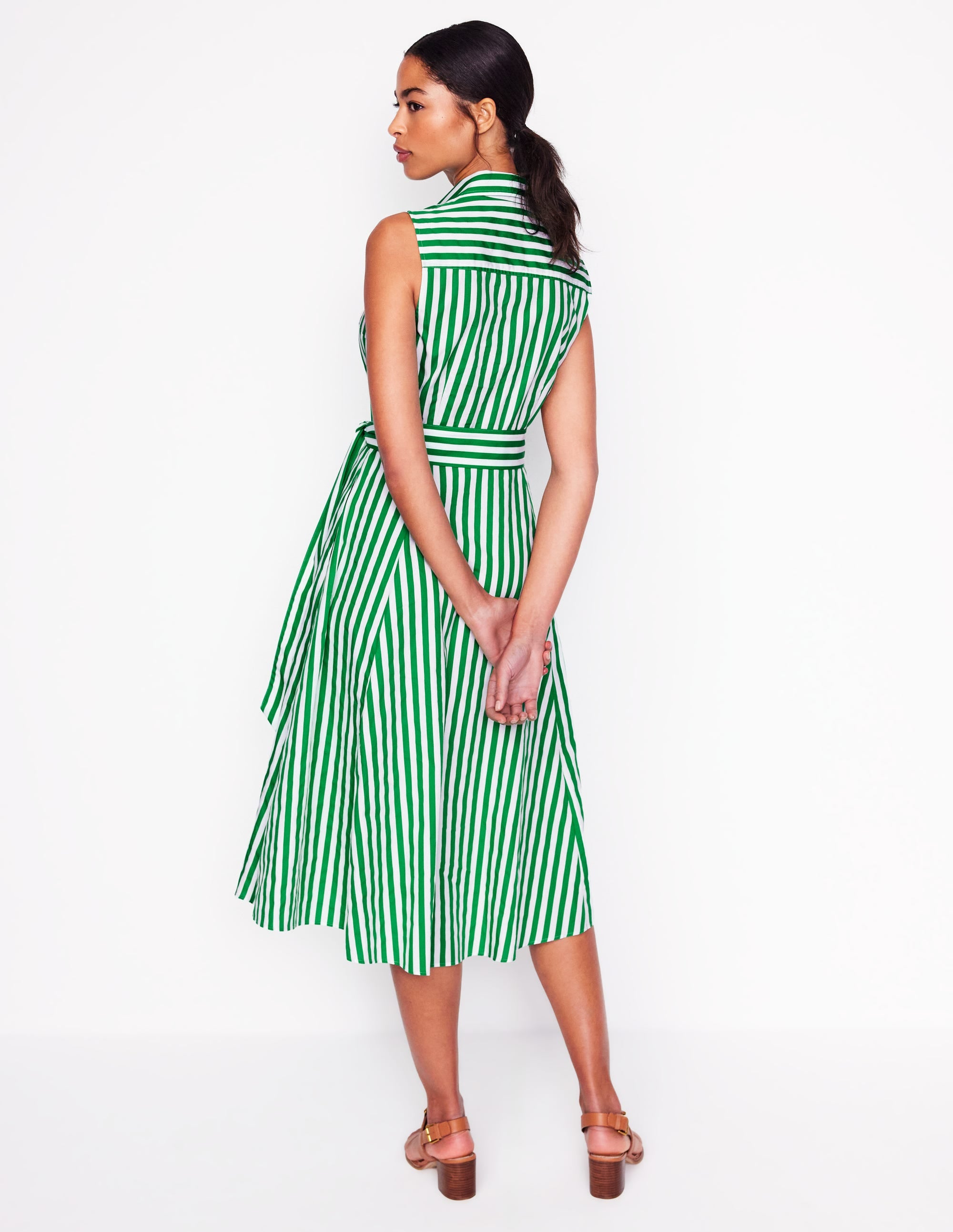 Amy Women's Sleeveless Shirt Dress - Rich Emerald Green Striped Casual Summer Dress for Beach, Office & Outdoor Activities