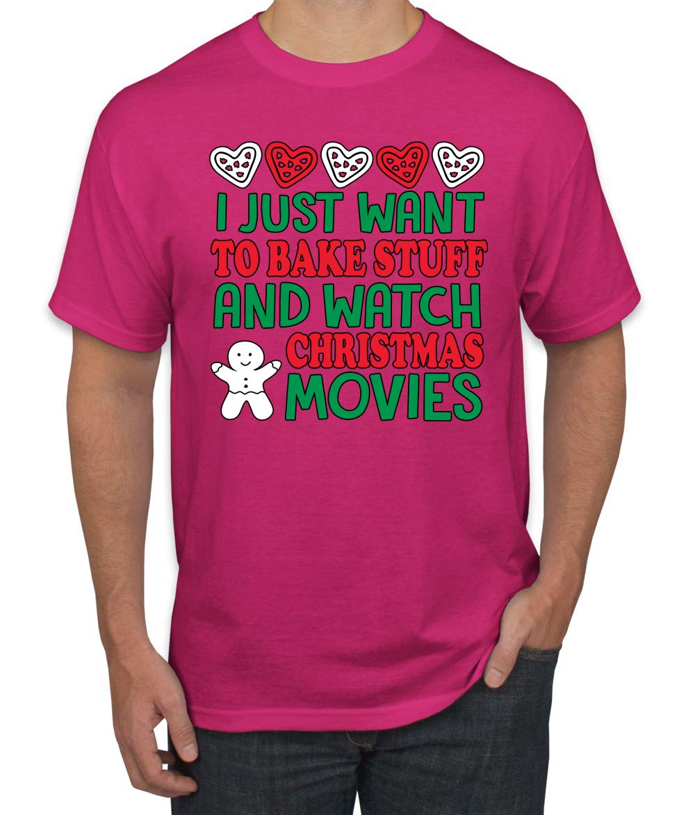 Funny Ugly Christmas Sweater Graphic T-Shirt for Men - Bake & Watch Holiday Movies - Perfect for Christmas Parties & Cozy Winter Nights