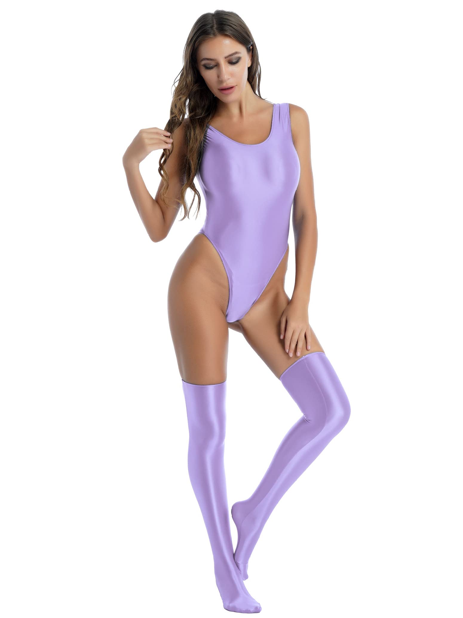 Shiny Spandex Leotard for Women - One Piece Swimsuit, High Cut Thong Workout Outfit with Stockings | Perfect for Dance, Yoga, Gym & Performance Costumes