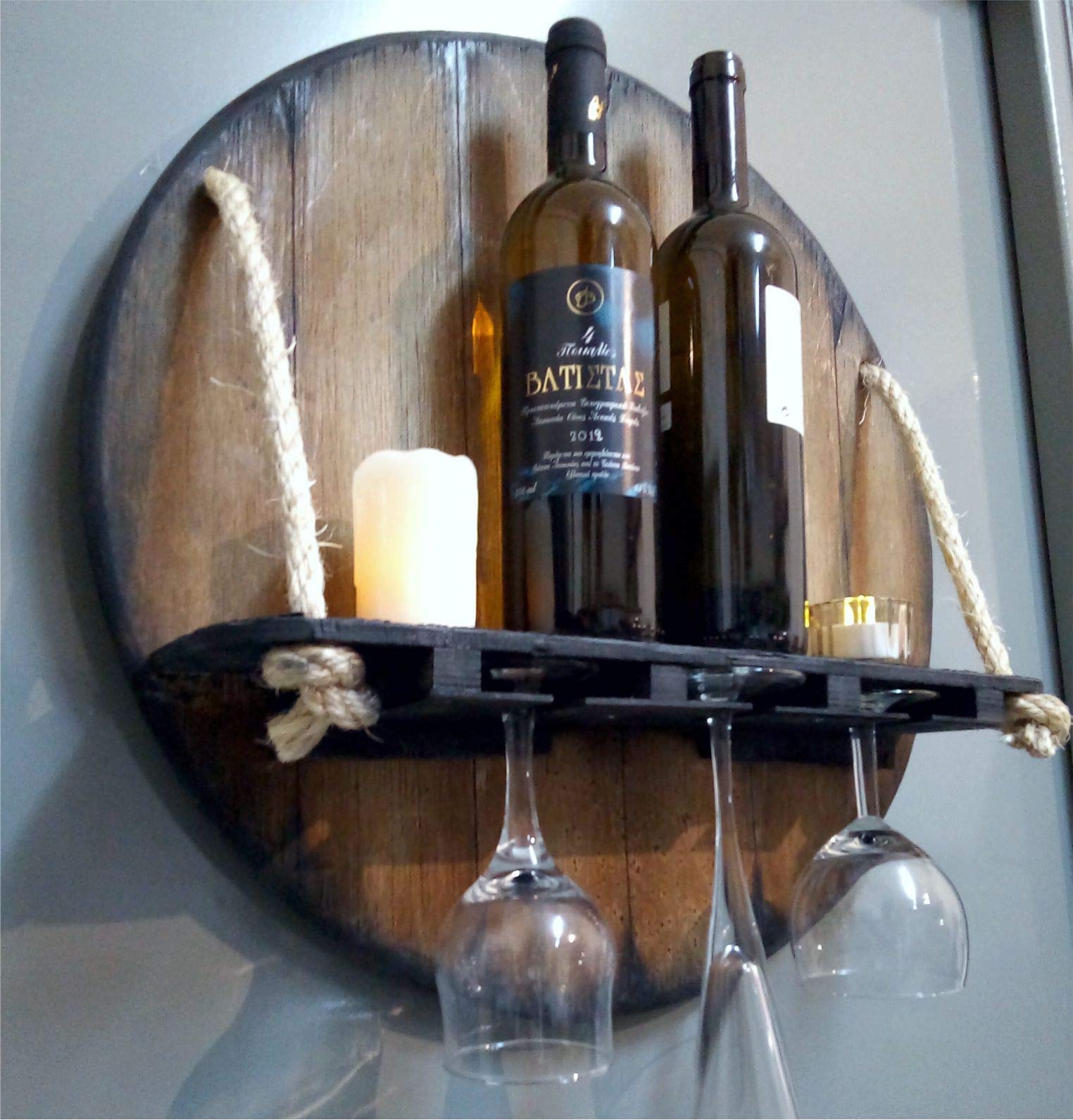 Wall Mounted Wine Rack - Rustic Wood Liquor Bottle Storage Shelf Inspired by Whiskey Barrels | Hanging Glass Holder for Kitchen, Dining Room, Bar & Cellar | Perfect Housewarming Gift & Home Decor for Wine Enthusiasts