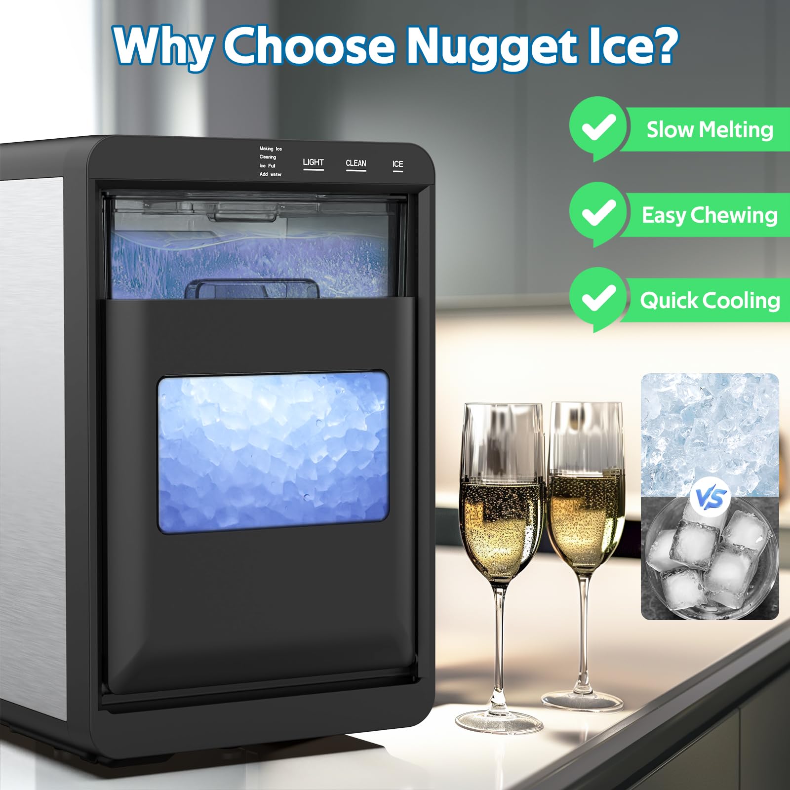 Portable Countertop Nugget Ice Maker Machine - 44LBS/24H Soft Chewable Pebble Ice Production with Self-Cleaning Function, Pull-Out Water Tank & Removable Ice Basket - Perfect for Home Kitchen, Office, Bar, and Party Use (Black)