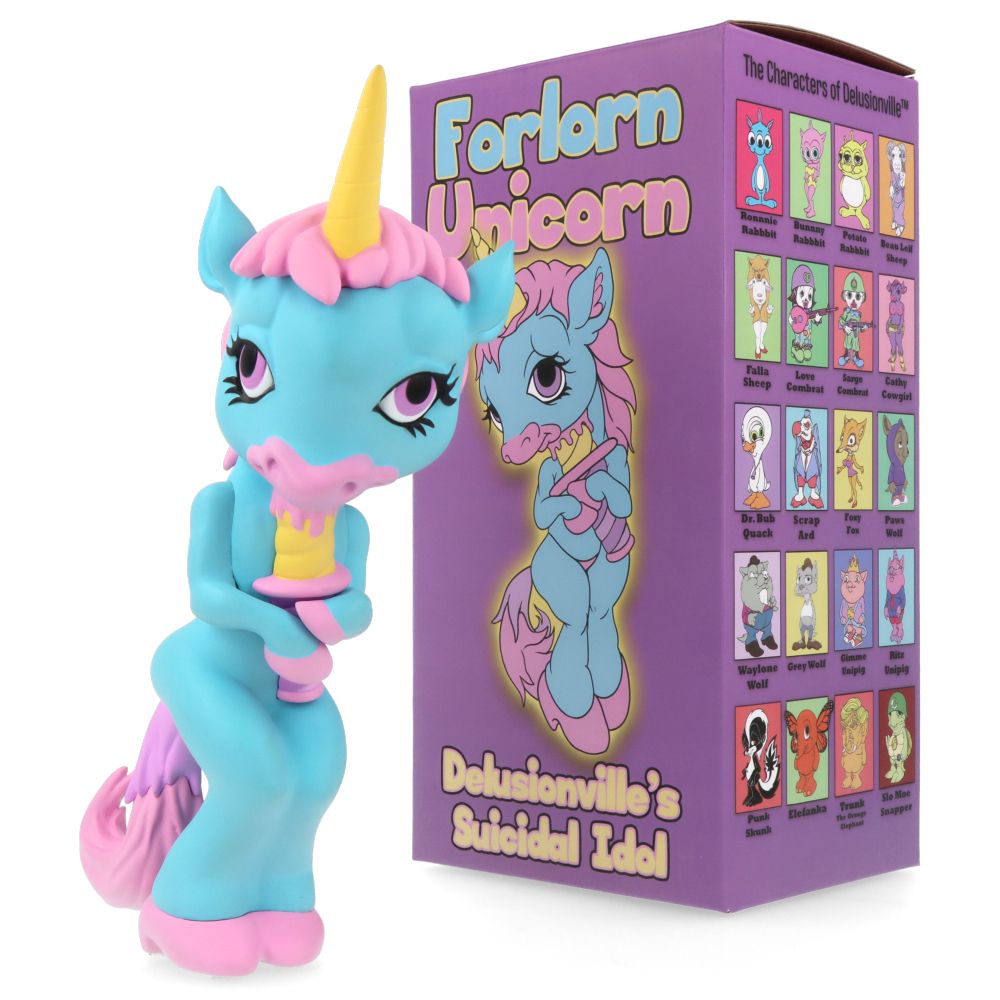 Ron English Forlorn Unicorn Blue Vinyl Art Toy - Collectible Pop Surrealism Figure for Home Decor & Art Display