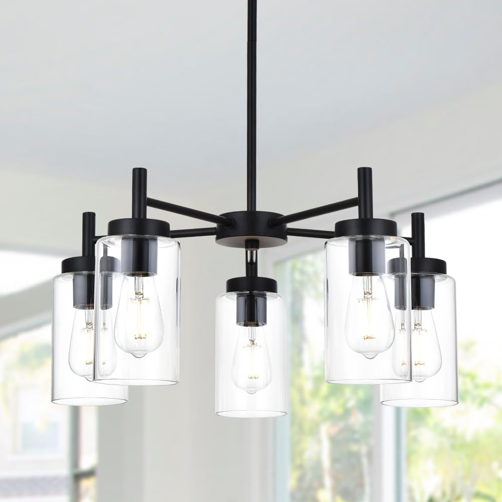 VINLUZ 5-Light Black Modern Chandelier - Industrial Vintage Pendant Lighting Fixture with Clear Glass Shade, Flush Mount Ceiling Light for Dining Room, Bedroom, Living Room - Perfect for Home Decor and Interior Design