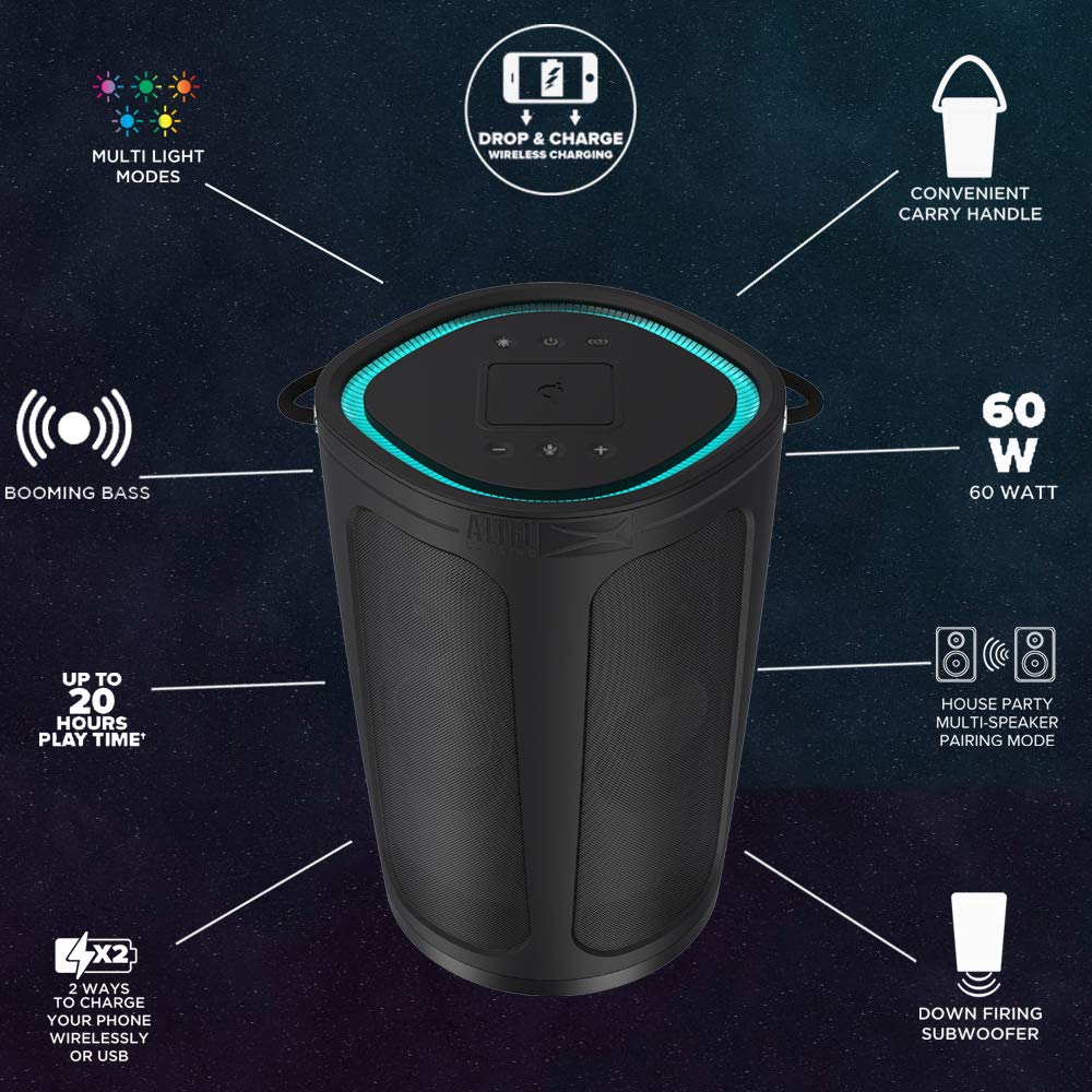 Altec Lansing Soundbucket XL Waterproof Bluetooth Speaker - Wireless LED Light Show, Qi Charging Pad, 20H Playtime, 100ft Range | Perfect for Pool Parties, Beach Outings & Outdoor Adventures
