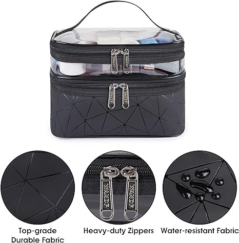 R RUNILEX Double Layer Large Clear Makeup Bag - Water-Resistant Travel Cosmetic Case & Toiletry Organizer for Women | Perfect for Camping, College, Gym & Daily Use (Black)