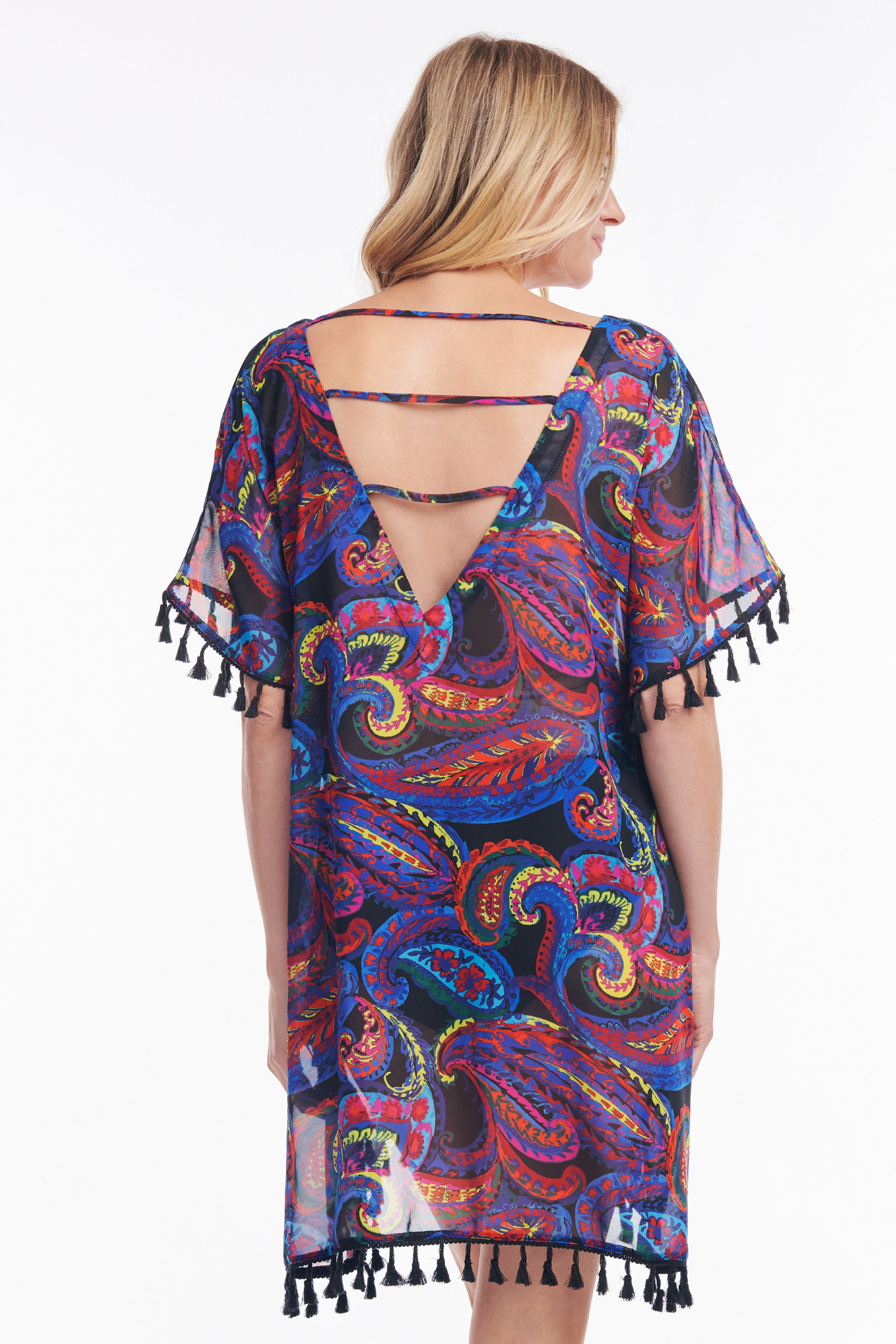 Elegant French Paisley Kaftan Coverup with Tassel Trim - Perfect for Beach, Poolside, and Summer Vacation Outfits