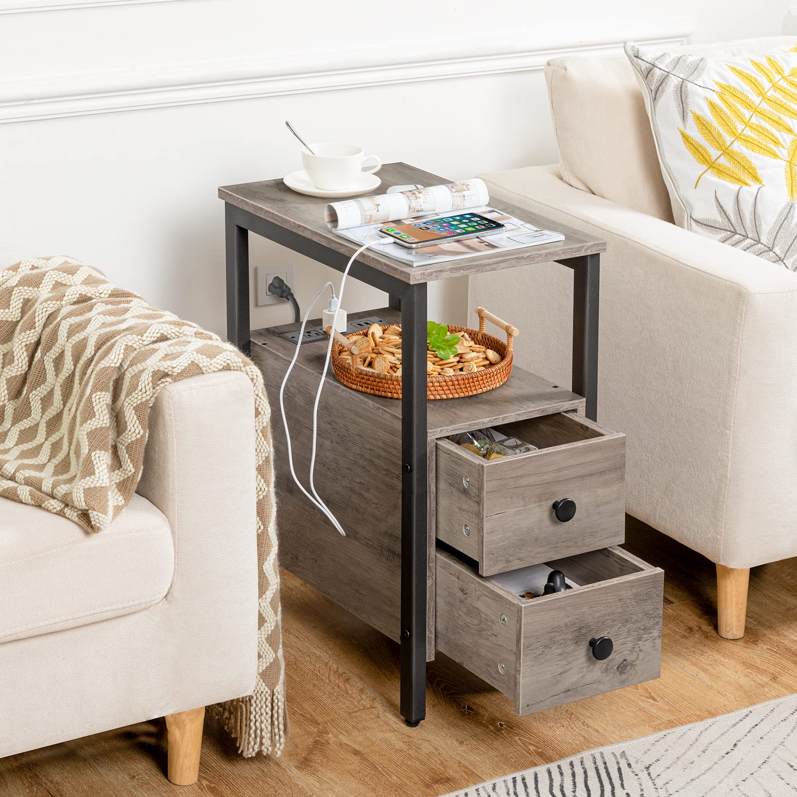 HOOBRO Set of 2 Narrow End Tables with Charging Station, USB Ports & Power Outlets, Nightstand with Drawers for Small Spaces - Greige and Black BG541BZP201 | Perfect for Living Room, Bedroom & Office Use