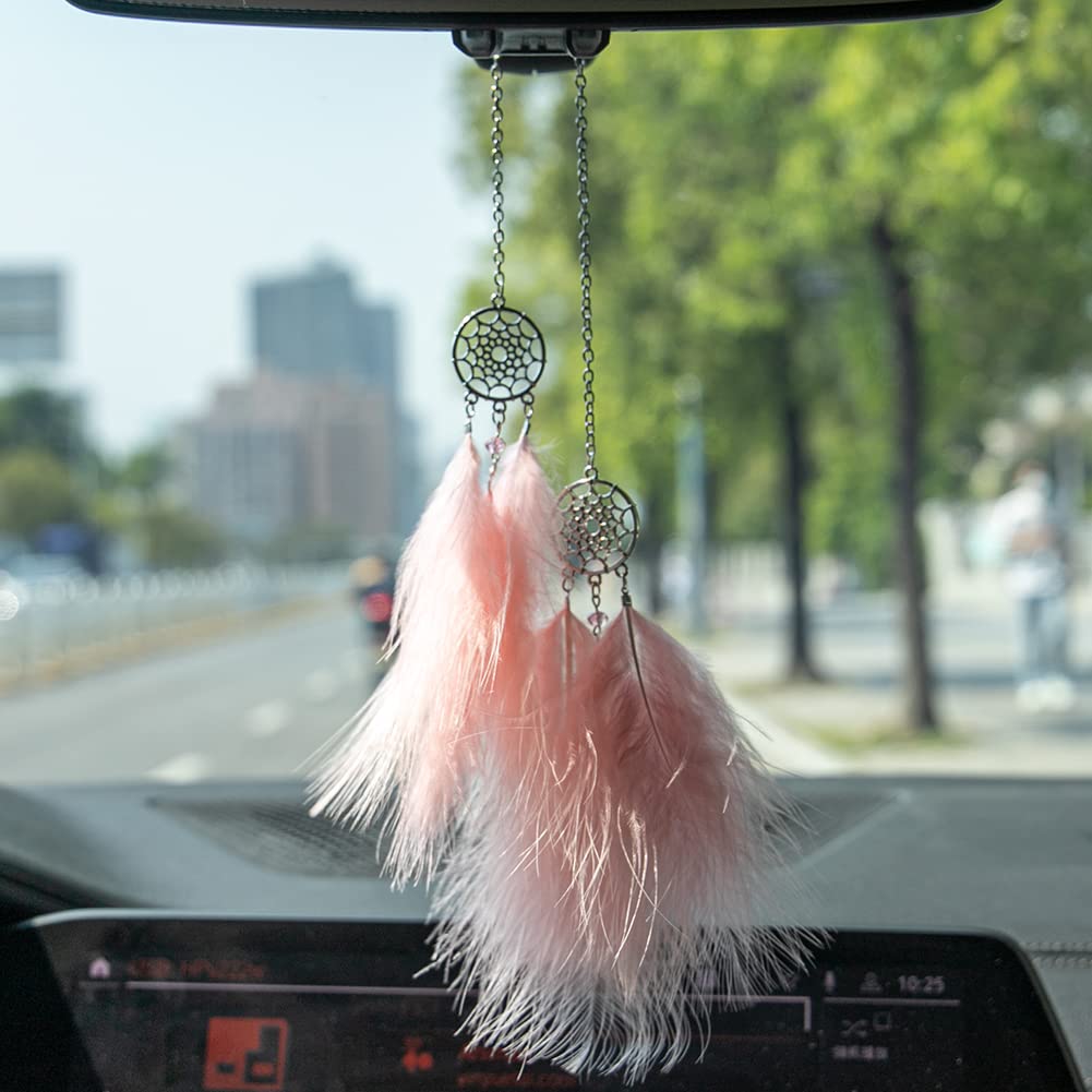 Feather Dream Catcher Crystal Charm Car Accessory - Sparkling Bling Rear View Mirror Pendant Hanging Decor for Vehicle (Light Pink) | Perfect for Car Interior Styling, Boho Chic Decor & Gift Ideas