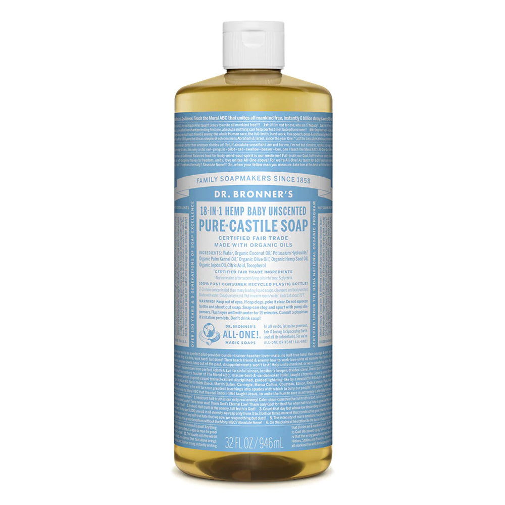 Dr. Bronner's Pure Castile Soap - Unscented Baby Mild 32oz (1 Quart) Liquid Soap for Sensitive Skin | Gentle Cleanser for Face, Body & Hair | Vegan, Organic & Cruelty-Free | Perfect for Babies, Kids & Allergy-Prone Skin