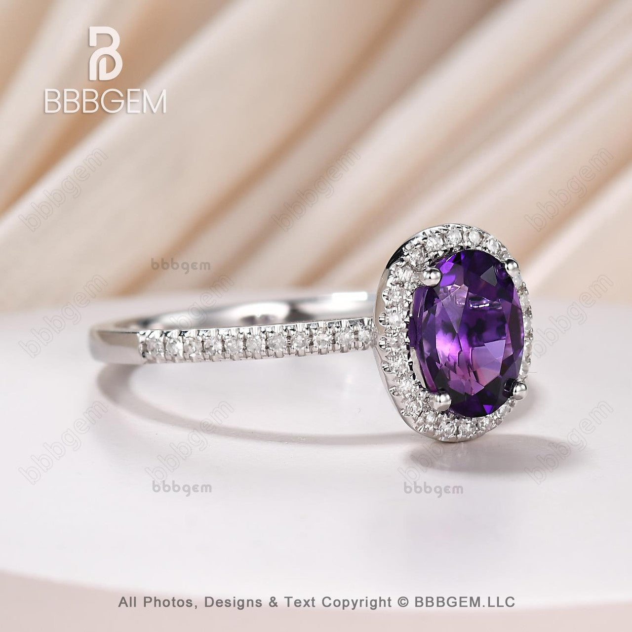 Vintage Oval Halo Moissanite & Natural Purple Amethyst Statement Ring - 14K White Gold Crystal Ring for Women - Perfect for Weddings, Anniversaries & Special Occasions
