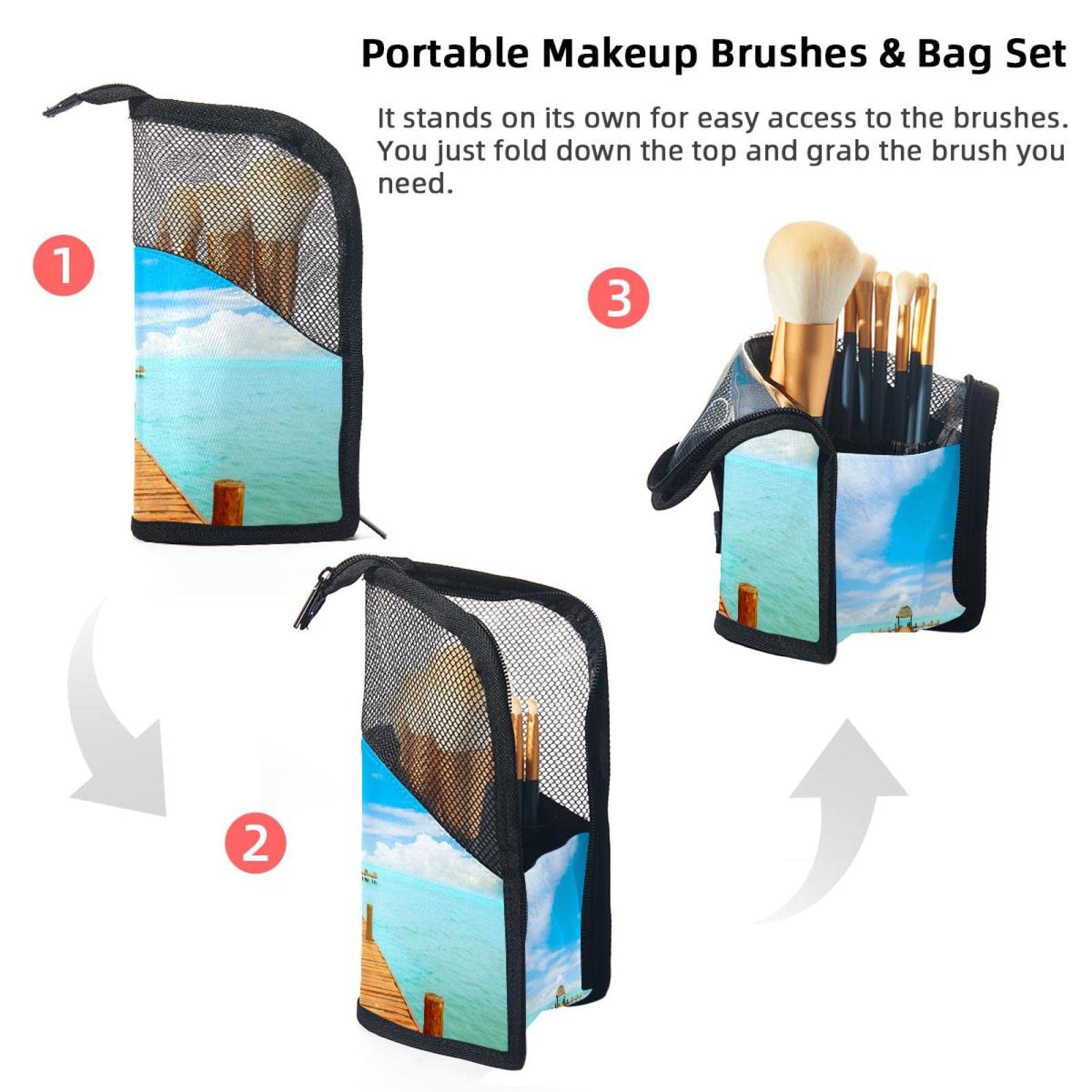 Premium 12-Piece Makeup Brush Organizer Bag with Seaside View - Portable Travel Makeup Brush Holder Case for Professional & Home Use
