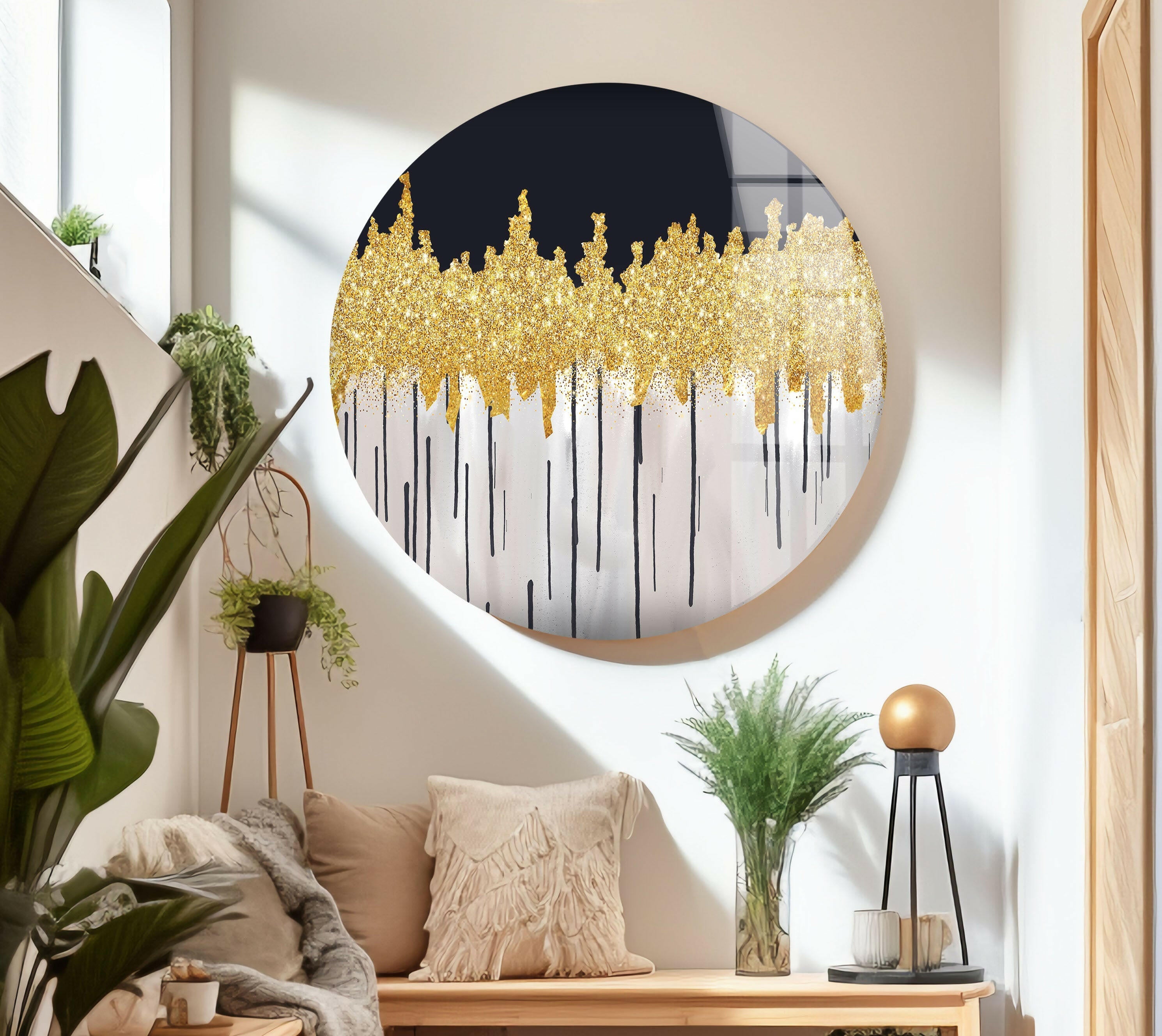 Black and Gold Abstract Glass Wall Art - Modern Home Decor for Living Room, Bedroom & Office - Elegant Handmade Glass Painting for Unique Interior Design