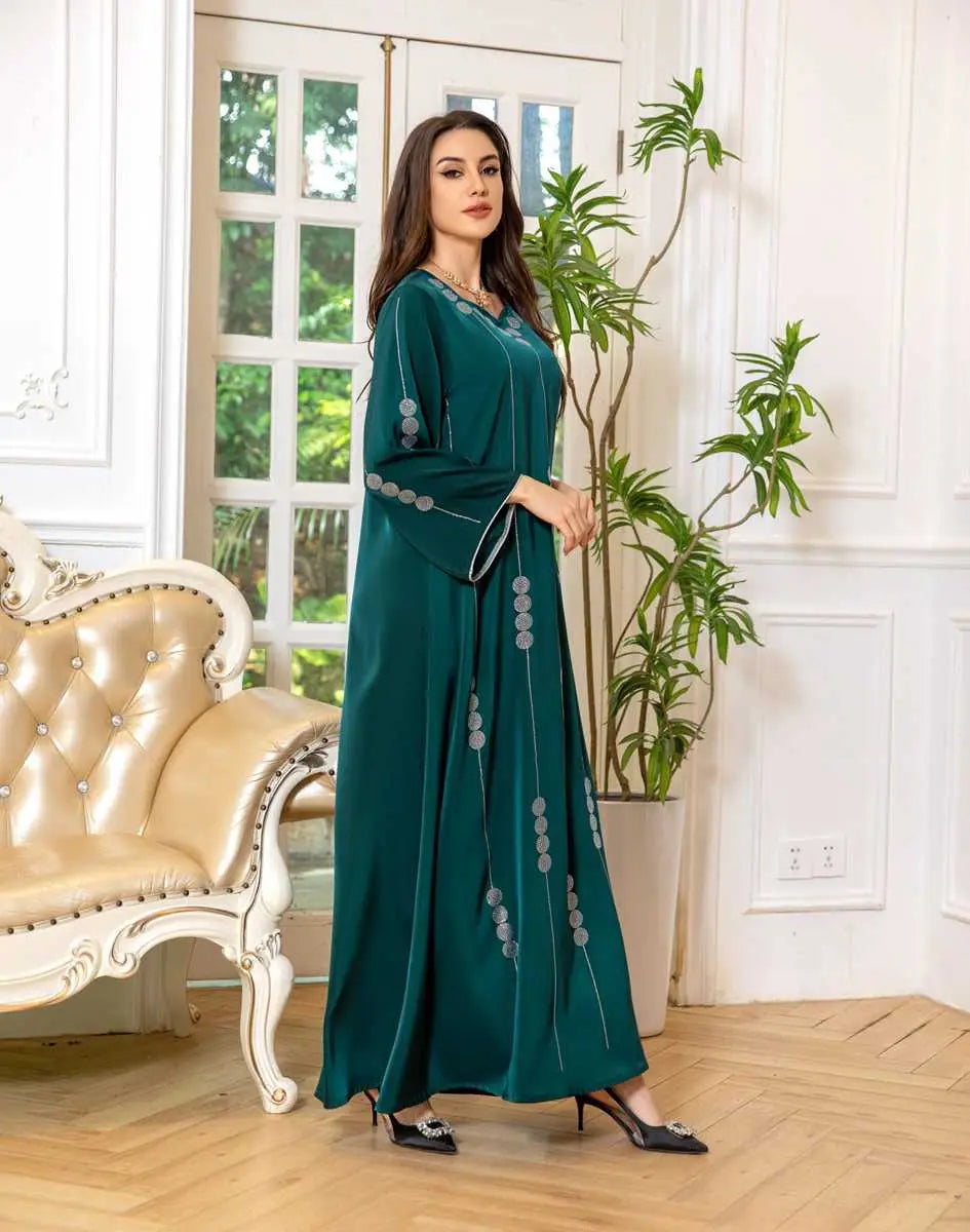 Elegant Hotfix Rhinestone Satin Jalabiya Caftan Dress for Women - Perfect for Eid Celebrations, Weddings & Special Occasions