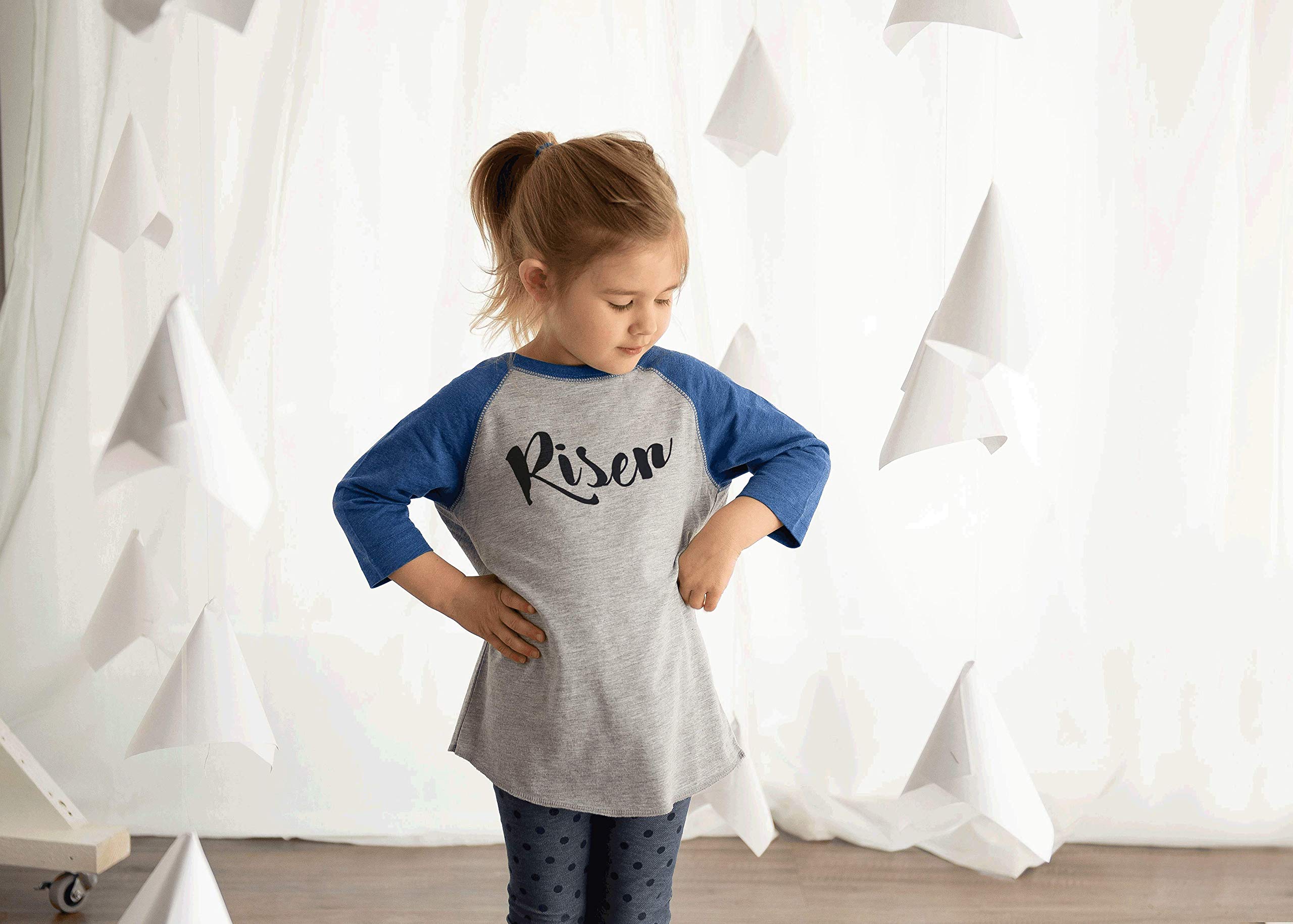 7 ate 9 Apparel Kids Risen Happy Easter Blue Raglan T-Shirt - Comfortable Easter Outfit for Boys & Girls - Perfect for Easter Egg Hunts, Church Services & Family Photos