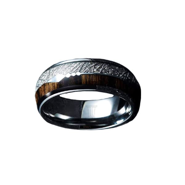 Tungsten Meteorite Wedding Band for Men - 8mm Koa Wood Ring with Arrow Inlay - Durable Meteorite & Wood Anniversary Gift for Him - Perfect for Outdoor Adventures, Weddings & Special Occasions