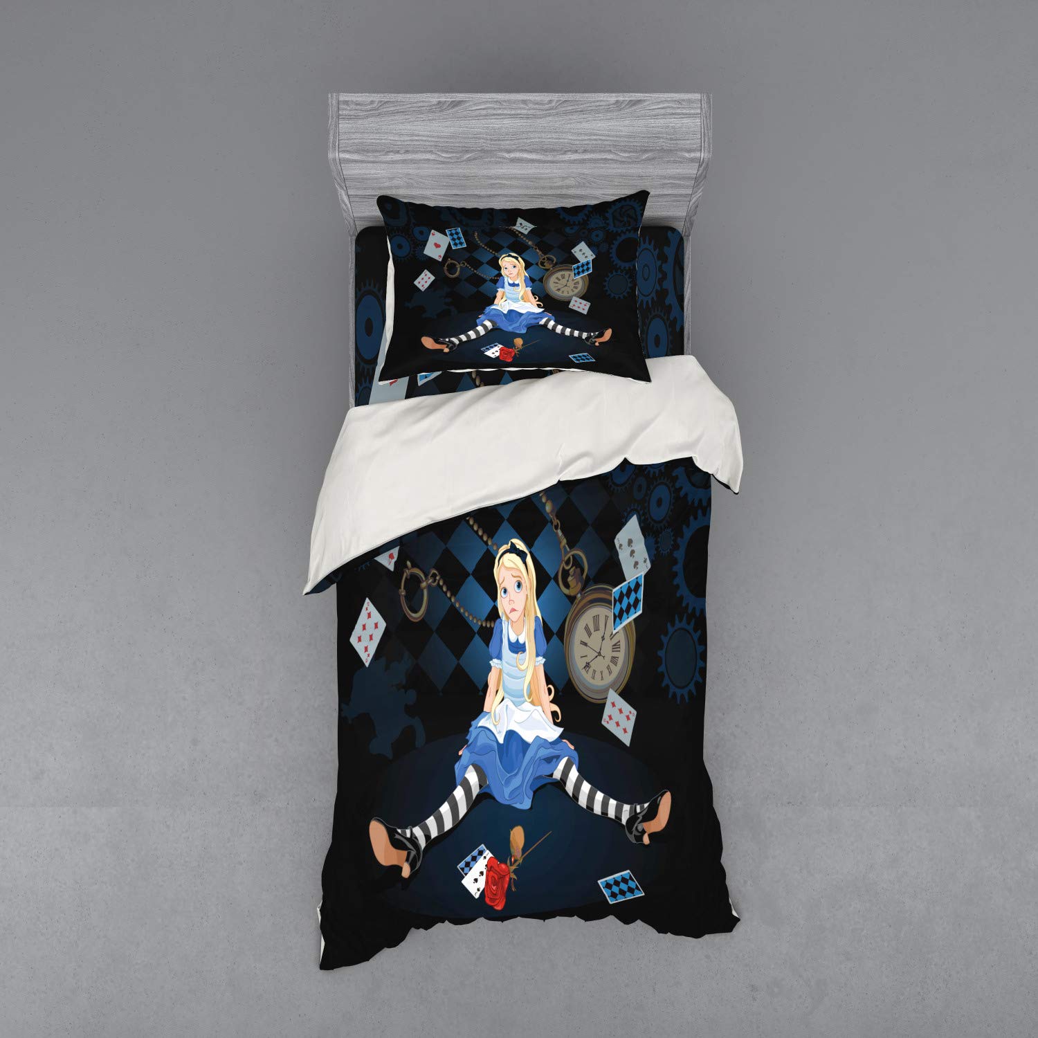 Ambesonne Alice in Wonderland 3-Piece Duvet Cover Set - Twin XL Size with Fitted Sheet & Sham, Cartoon Checkered Design Featuring Alice Sitting with Flying Cards and Roses - Perfect for Kids' Bedrooms, Themed Decor, and Gift Giving