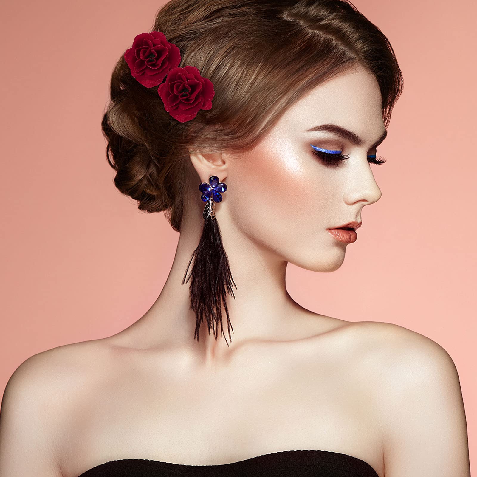 Lurrose 6pcs Red Rose U-Shaped Hair Pins - Bridal Hair Sticks for Wedding, Bridesmaid Hair Accessories, Updo Hair Clips - Perfect for Weddings, Prom, Parties & Special Occasions