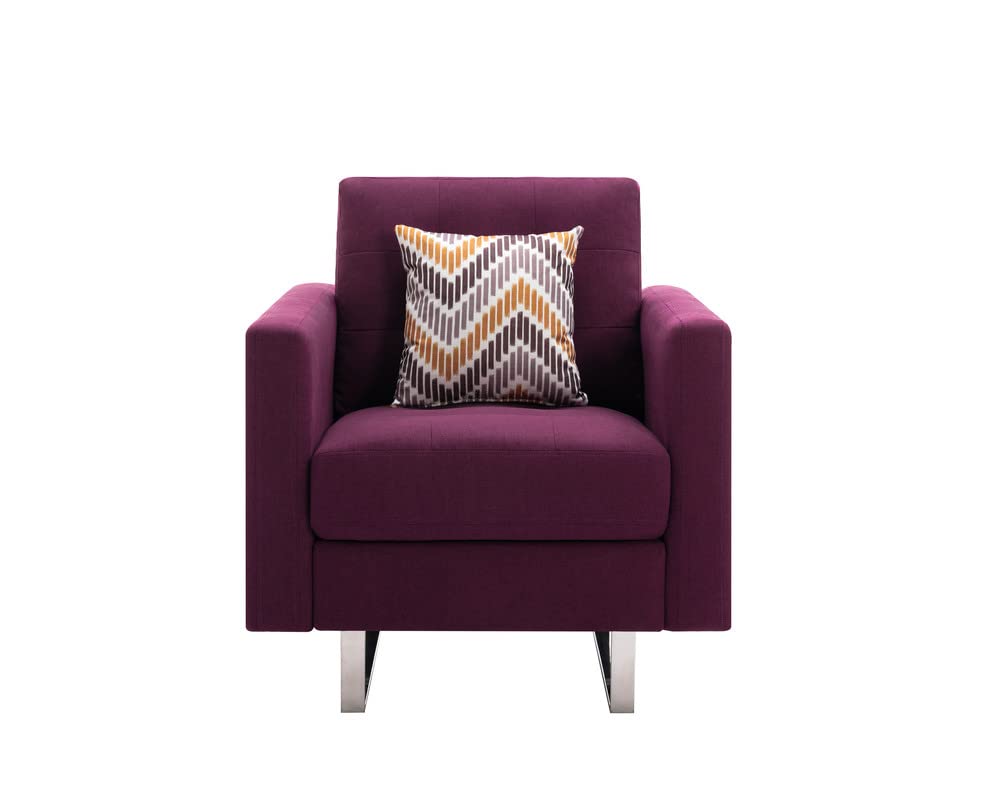 Lilola Home Victoria Purple Linen Fabric Armchair with Metal Legs, Side Pockets & Pillow - Modern Living Room Accent Chair for Home Office, Lounge & Bedroom Decor