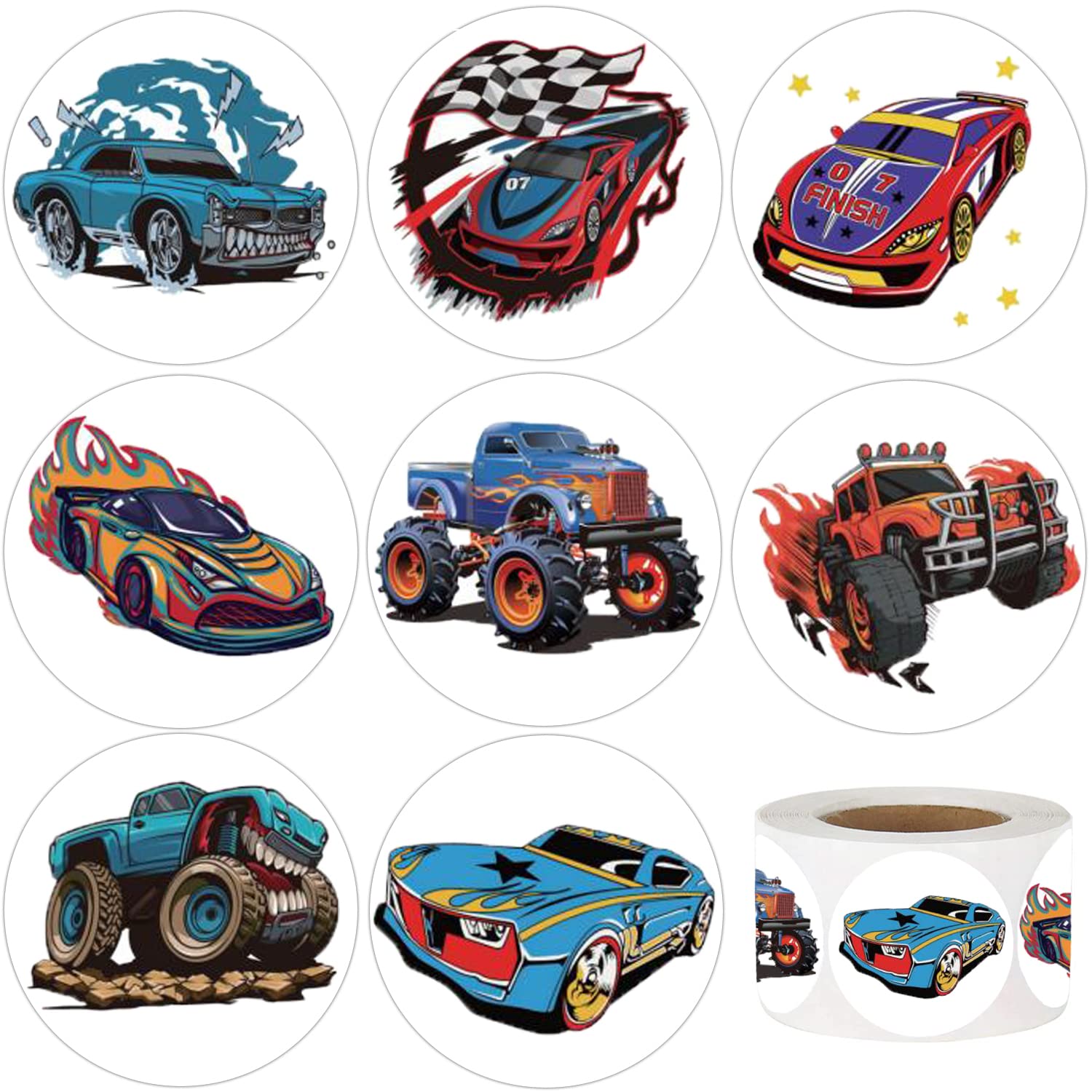 600Pcs Monster Truck & Race Car Stickers for Kids - 1.5 Inch Vinyl Decals for Boys Birthday Party Favors, Classroom Rewards, Notebook & Water Bottle Decorations - Bulk Sticker Pack for Scrapbooking, DIY Crafts & Laptop Customization