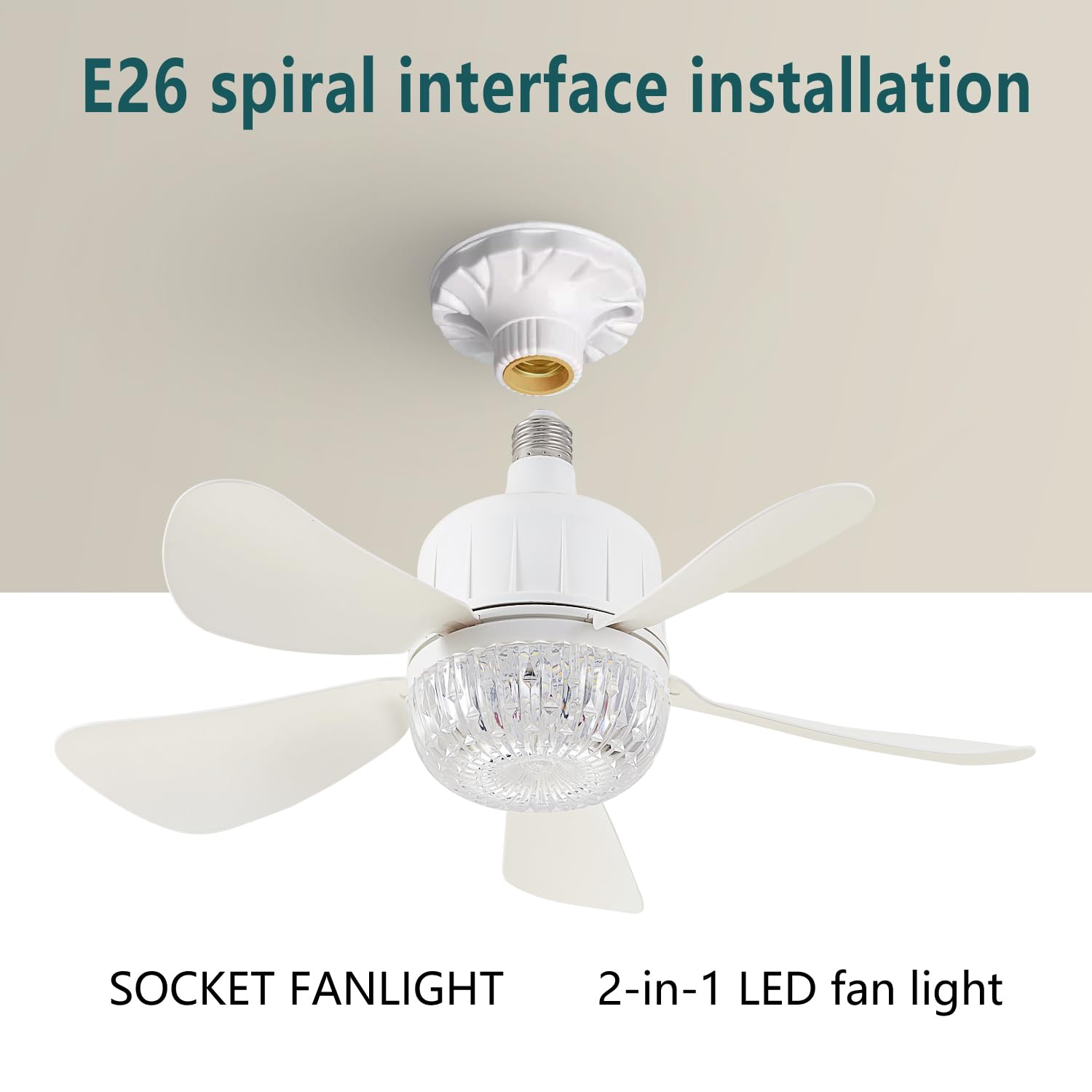 Dimmable LED Ceiling Fan with Light Bulb and Remote Control - Crystal Socket Fan Light, 3 Color Temperatures (3000K-6500K), Plug-in Design with Socket Extender - Perfect for Kitchen, Garage, Bedroom, and Living Room Lighting