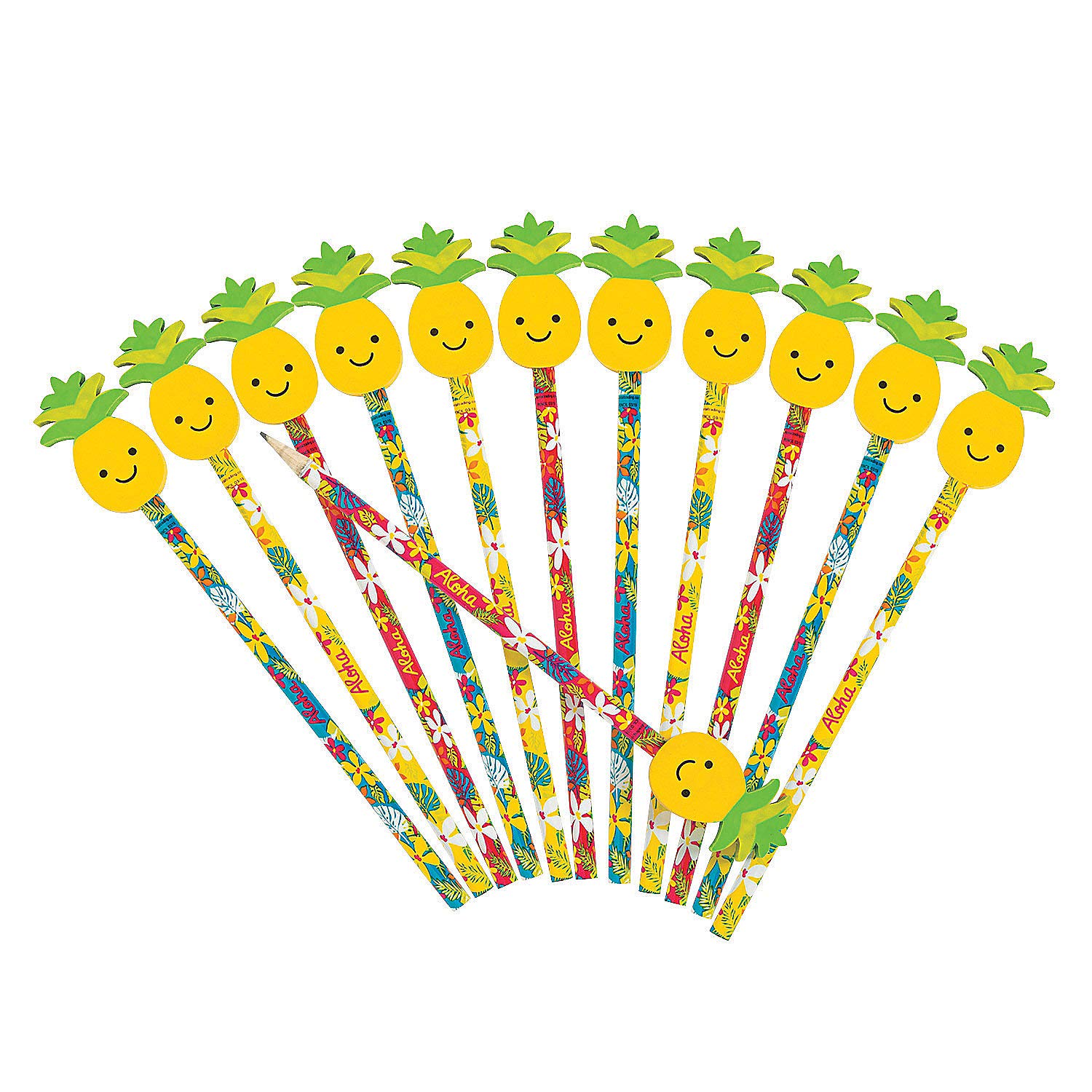 Fun Express Luau Tropical Pencils with Pineapple Eraser Toppers (12 Pack) - Colorful Classroom Supplies, Party Favors, Giveaways & Beach Themed Decorations - Perfect for Hawaiian Parties, School Rewards & Summer Events