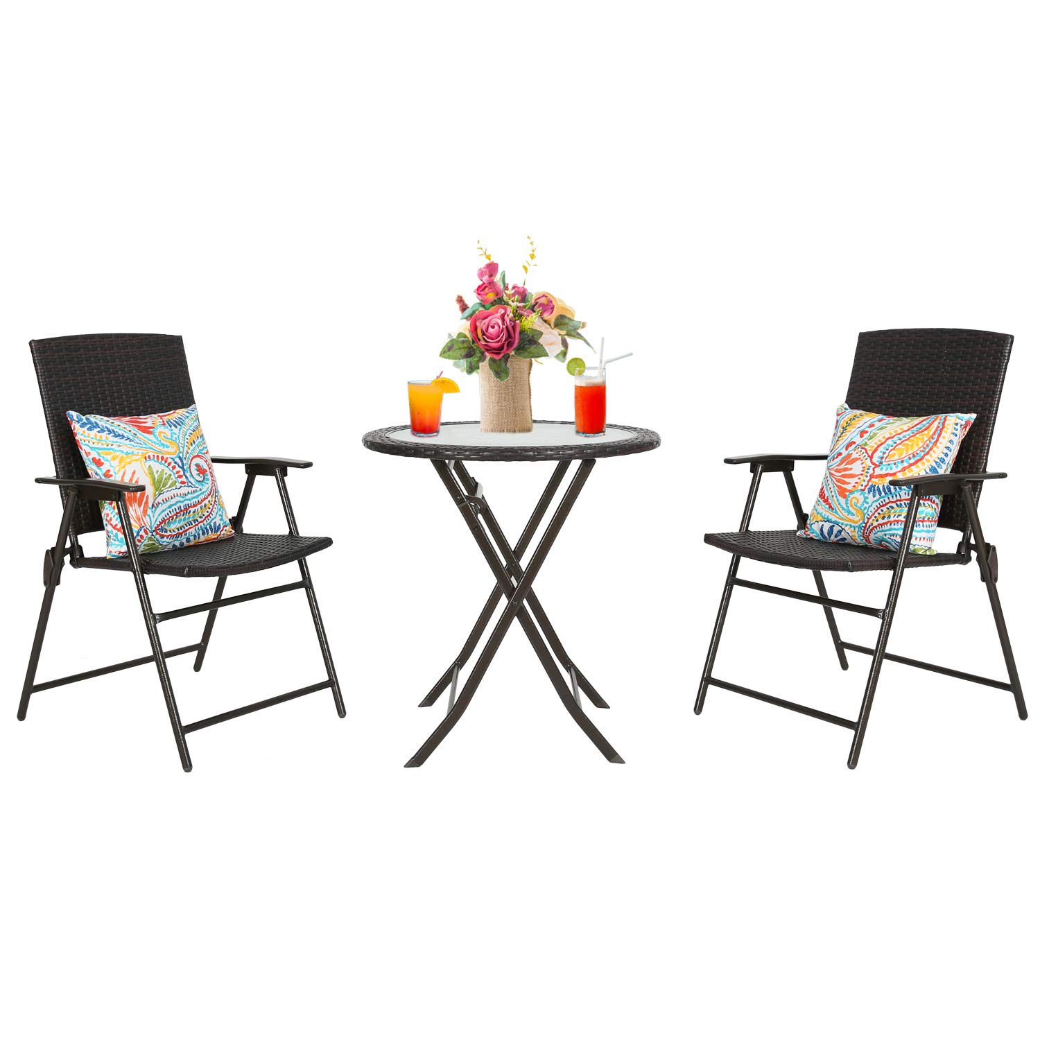 **Iwicker Patio Rattan Steel Folding Bistro Set - 3-Piece All-Weather Resistant Wicker Outdoor Dining Set with Glass Tabletop & Arm Chairs - Perfect for Garden, Balcony, and Poolside Relaxation**