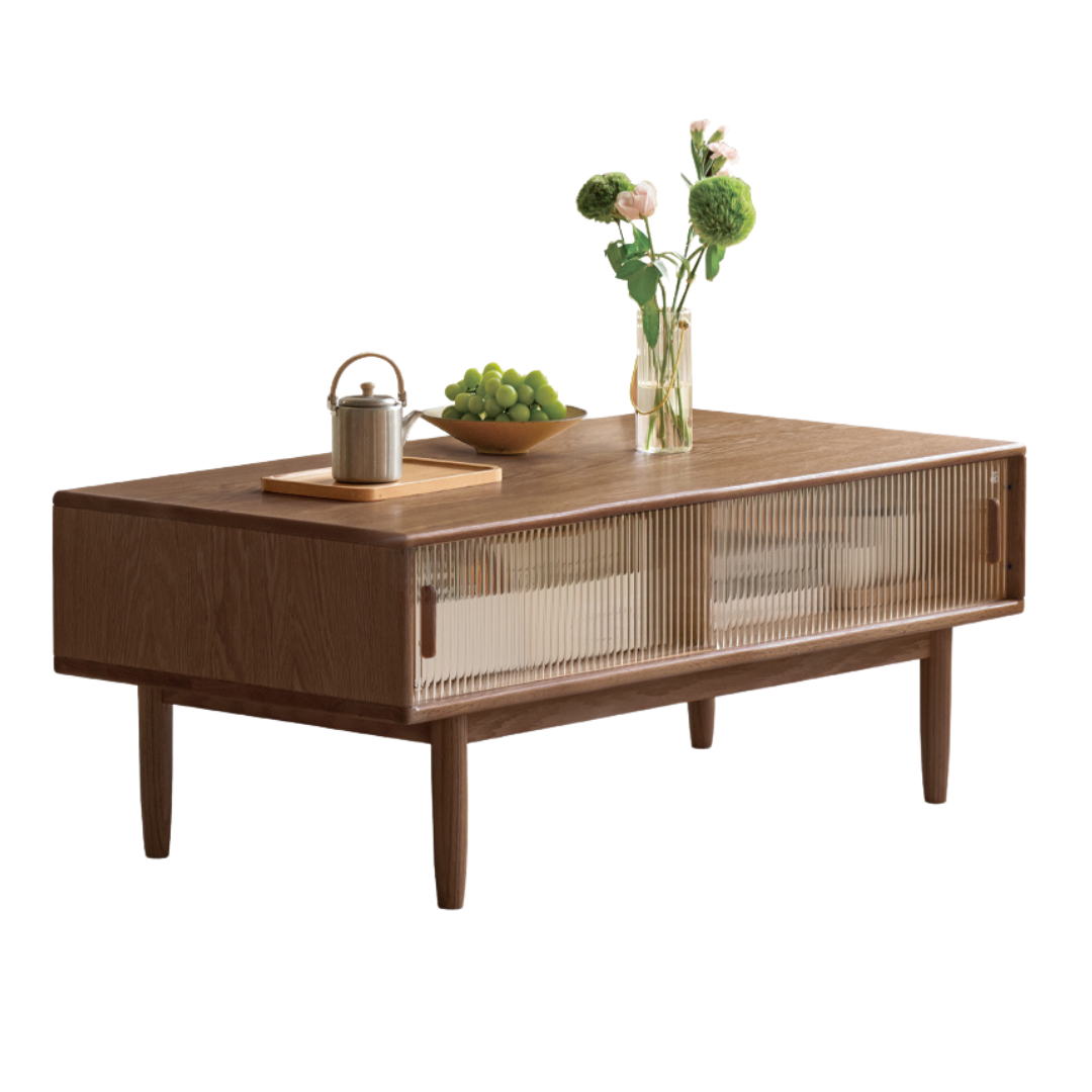 Solid Oak and Beech Wood Coffee Table with Glass Doors - Modern Living Room Furniture for Home Decor and Entertainment