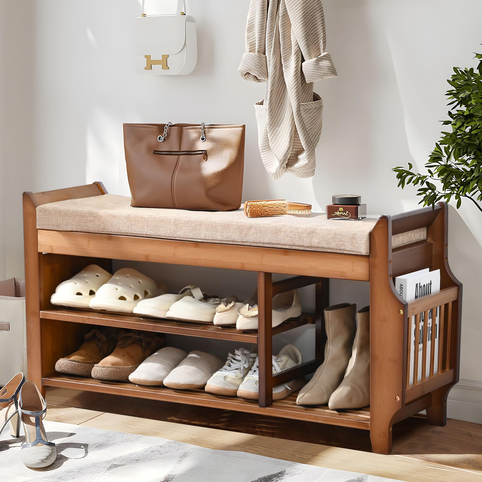 39.4 Inch Bamboo Shoe Bench with Hidden Storage Drawer & Side Holder - 2-Tier Entryway Storage Bench with Cushion for Hallway, Living Room, Bedroom | Perfect for Small Space Organization & Shoe Storage Solutions