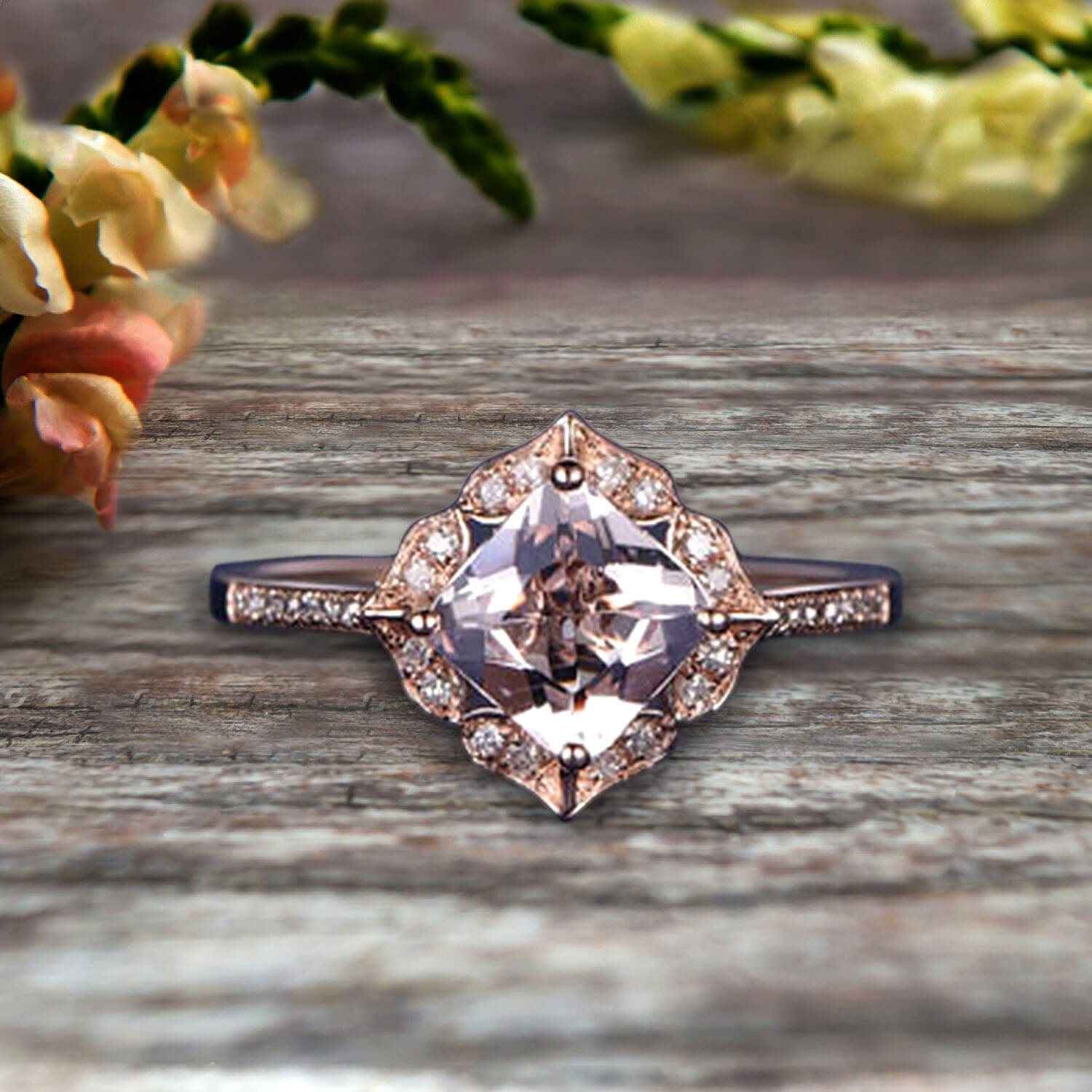 1.5 Carat Princess Cut Pink Morganite Engagement Ring in 10k Rose Gold - Vintage Art Deco Wedding Band for Her, Perfect for Proposals, Anniversaries & Romantic Occasions