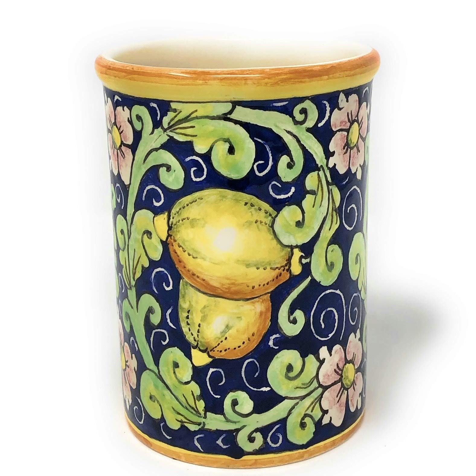 Italian Ceramic Utensil Holder - Hand Painted Lemon Decor Art Pottery from Italy | Kitchen Organizer & Countertop Decor for Home, Restaurant