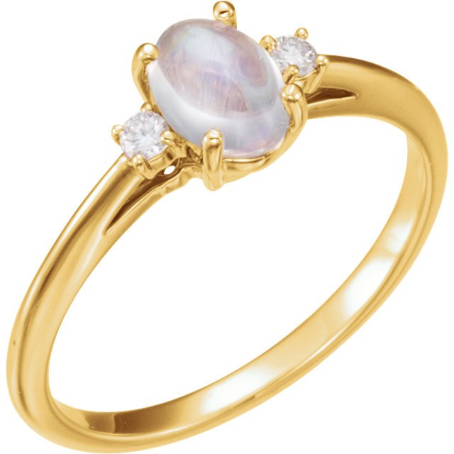 14K Gold 0.95ct Moonstone & 0.06ctw Diamond Three Stone Ring - Elegant Wedding Band, Anniversary Gift, Birthstone Jewelry for Women